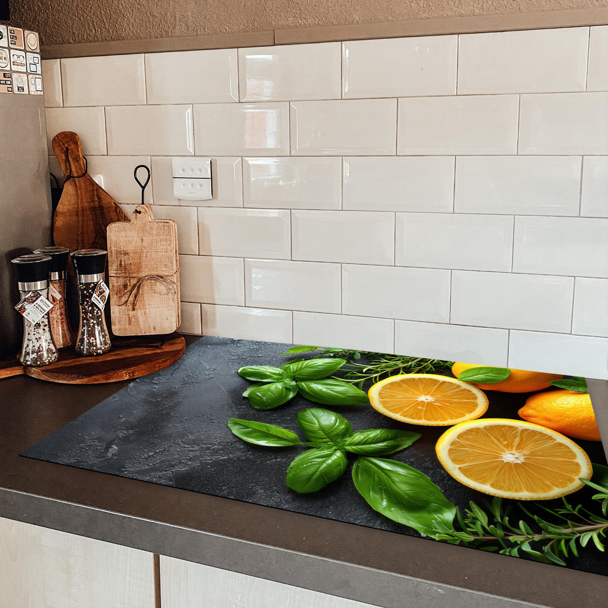HERDABDECKPLATTE Obst - Grau - Konkret - Orange - Pflanzen Induktionsmatte 81x52 cm - Anthrazit, Kunststoff (81/52/0.2cm) - MuchoWow
