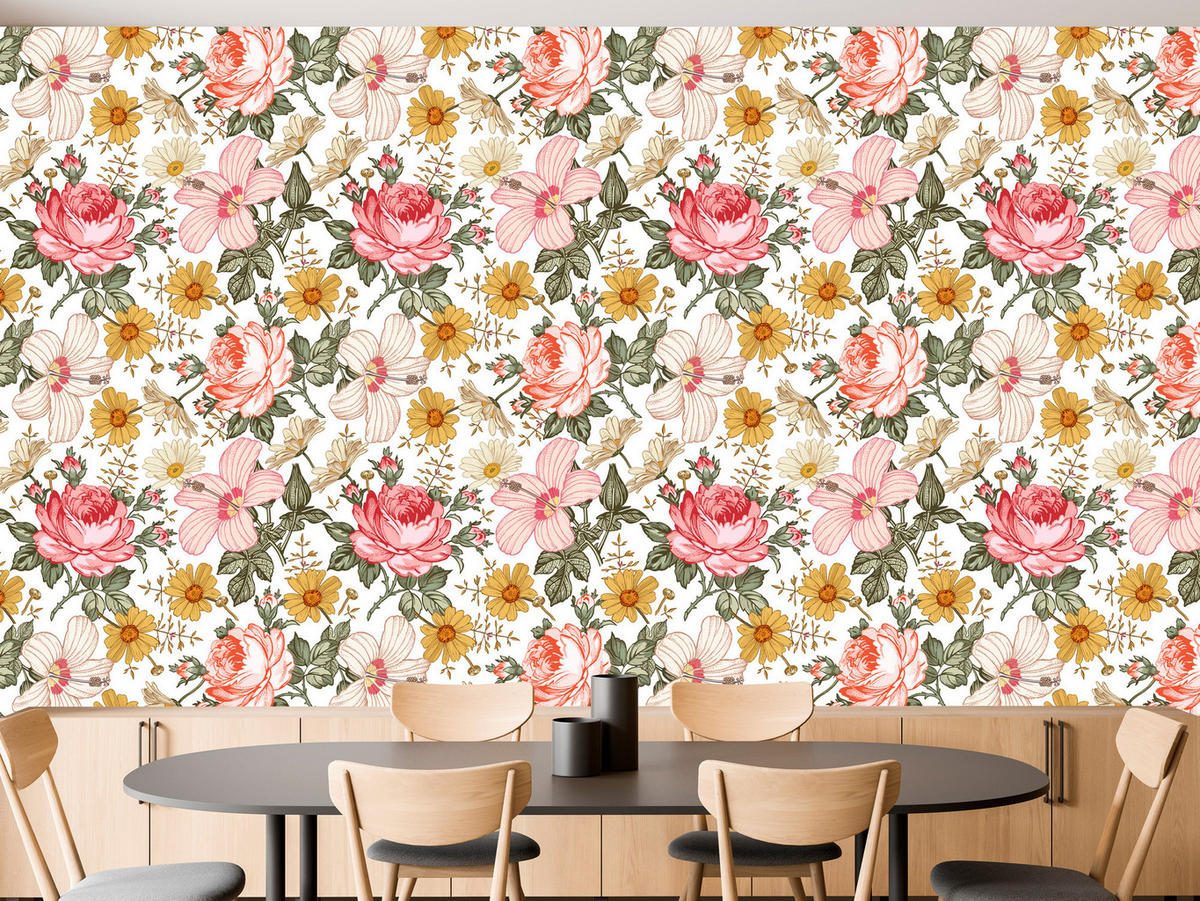 VLIESTAPETE Tropische Rosen und Blätter – Rosa, Grün, Weiß – 50x1000 cm - Rosa/Weiß, Papier (50/1000cm) - Muralo