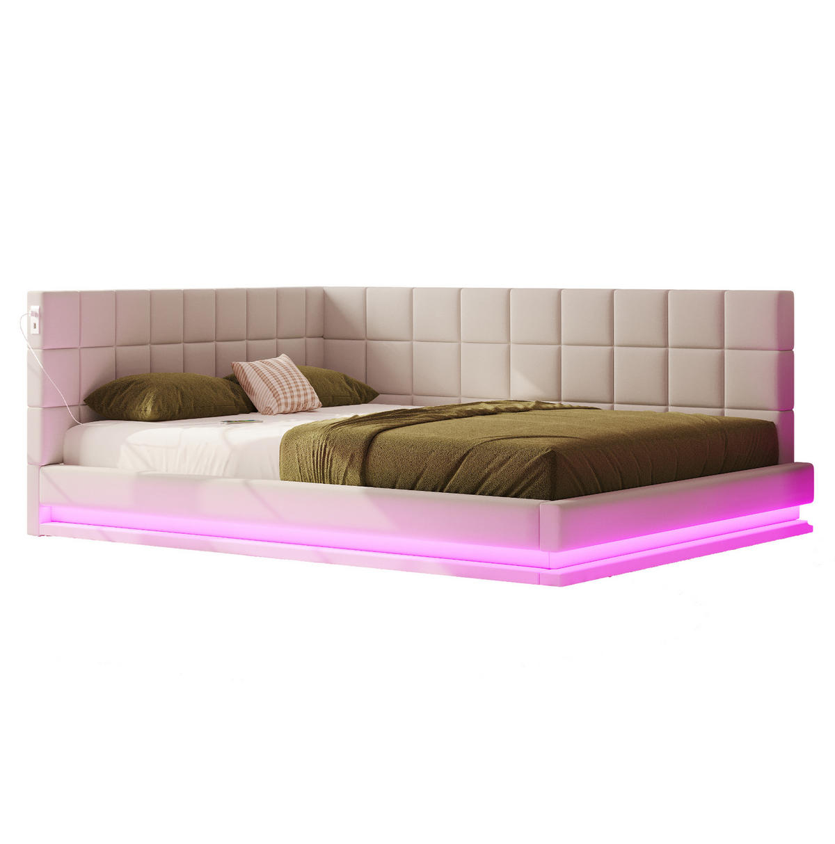POLSTERBETT 160/200 cm mit LED-Beleuchtung und USB-Anschluss, inkl. Lattenrost - Beige, Textil (160/200cm) - BEAOK