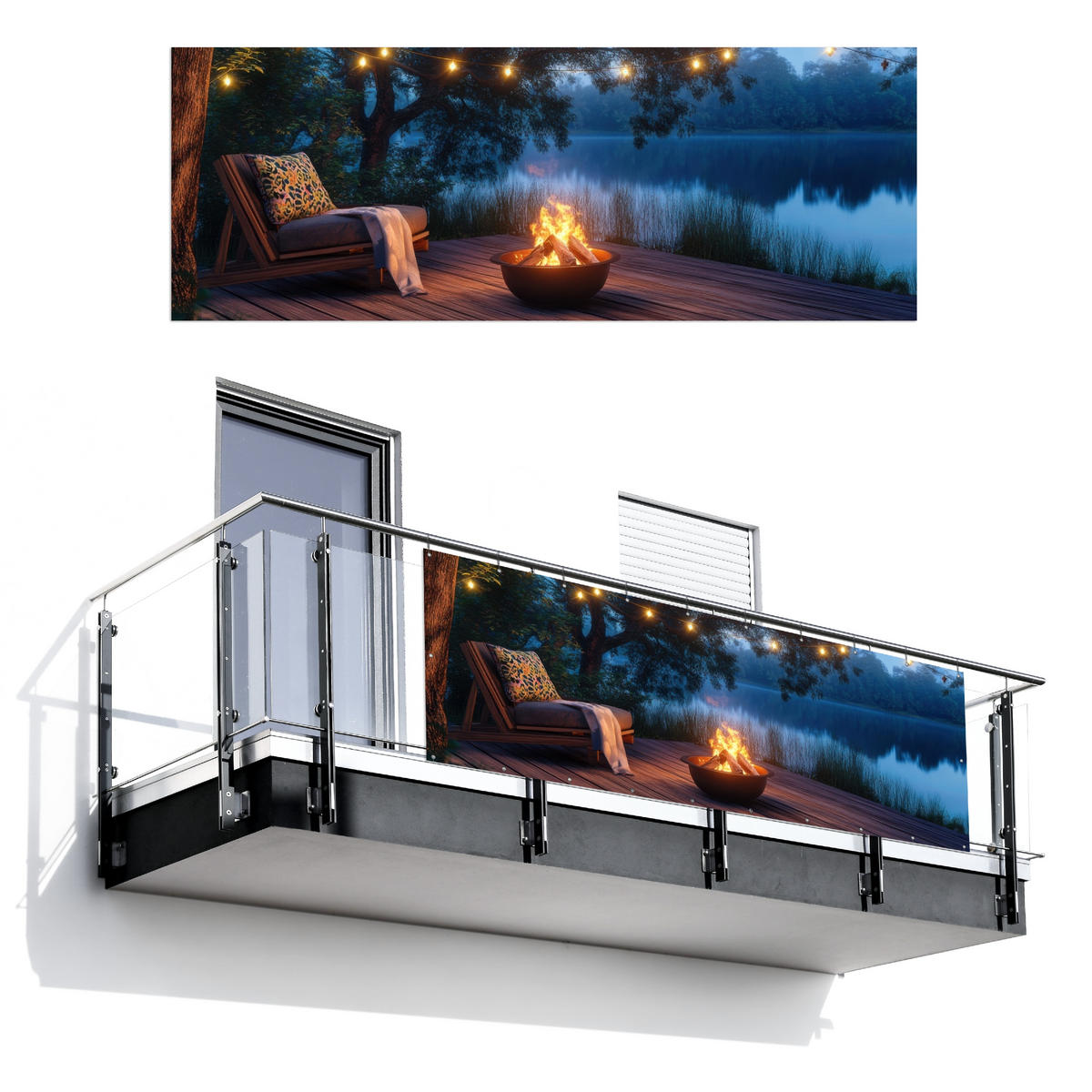 BALKON-SICHTSCHUTZ Lagerfeuer - See - Abendlicht - Dunkelblau, Kunststoff (300/110cm) - MuchoWow