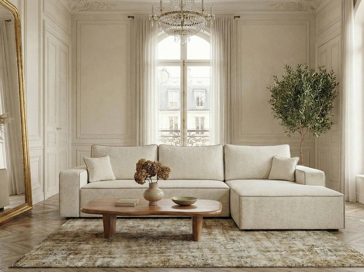 ECKSOFA MIT SCHLAFFUNKTION Modo Beige Chenille-Stoff - Rechts Seite - Ecru/Beige, Holz/Holzwerkstoff (294/185cm) - Maison de Reve