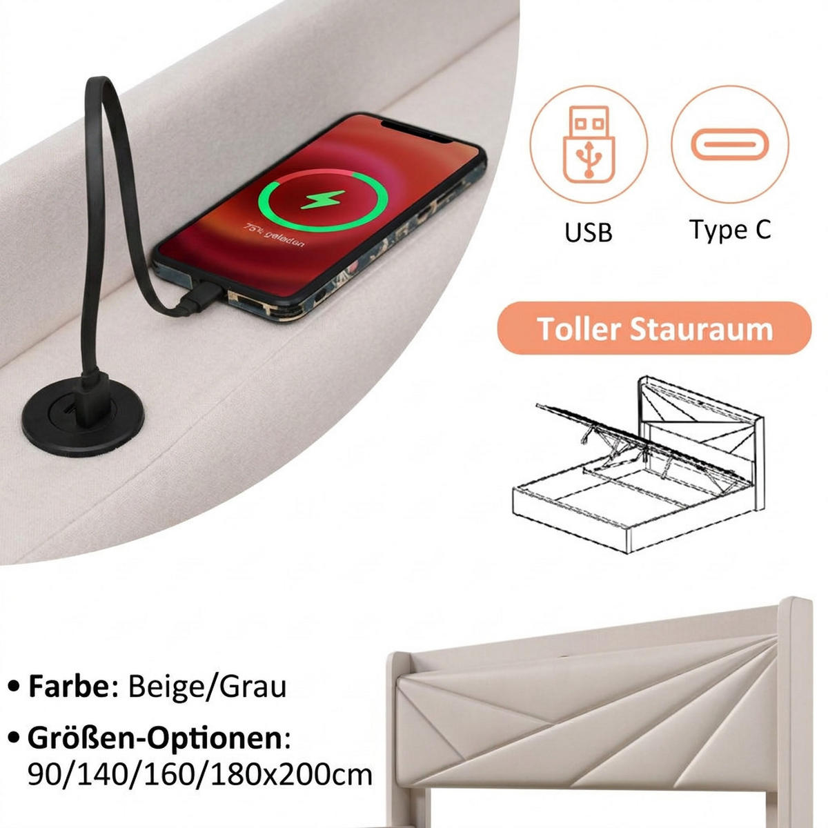 POLSTERBETT 140/200 cm Beige mit USB Typ C Ladefunktion und Stauraumbetten (Ohne Matratze) - Beige, Textil (140/200cm) - Oxeza