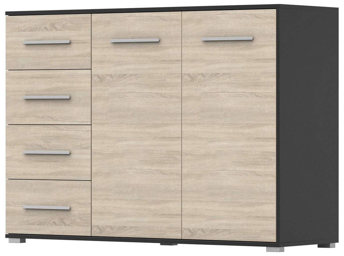 KOMMODE - Highboard IRYS 01 2D4S Schwarz + Sonoma - Schwarz/Sonoma Eiche, Holzwerkstoff (135/95/45cm) - Möblo