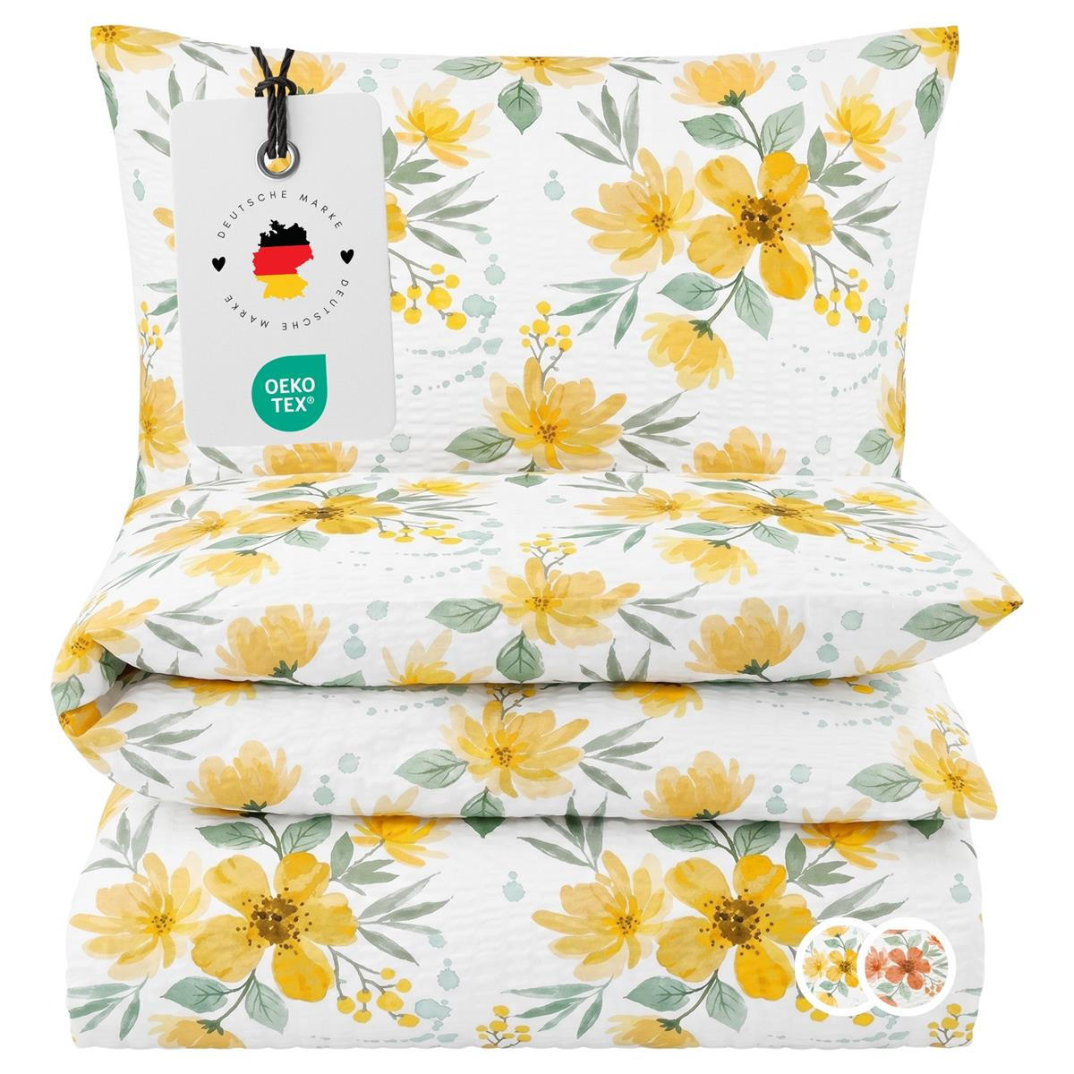 Carpe Sonno BETTWÄSCHE Seersucker 155x220 aus 100% Baumwolle, Sommer Bettbezug Bügelfrei 155 x 220, geblümte Sommerbettwäsche Blumen Gelb jetzt nur online ➤