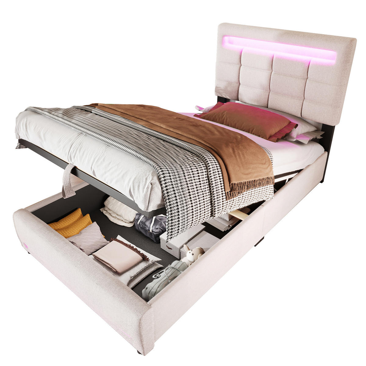 POLSTERBETT 90/200 cm Beige mit LED-Beleuchtung und hydraulischer Lagerung - Beige, Textil (90/200cm) - OKWISH