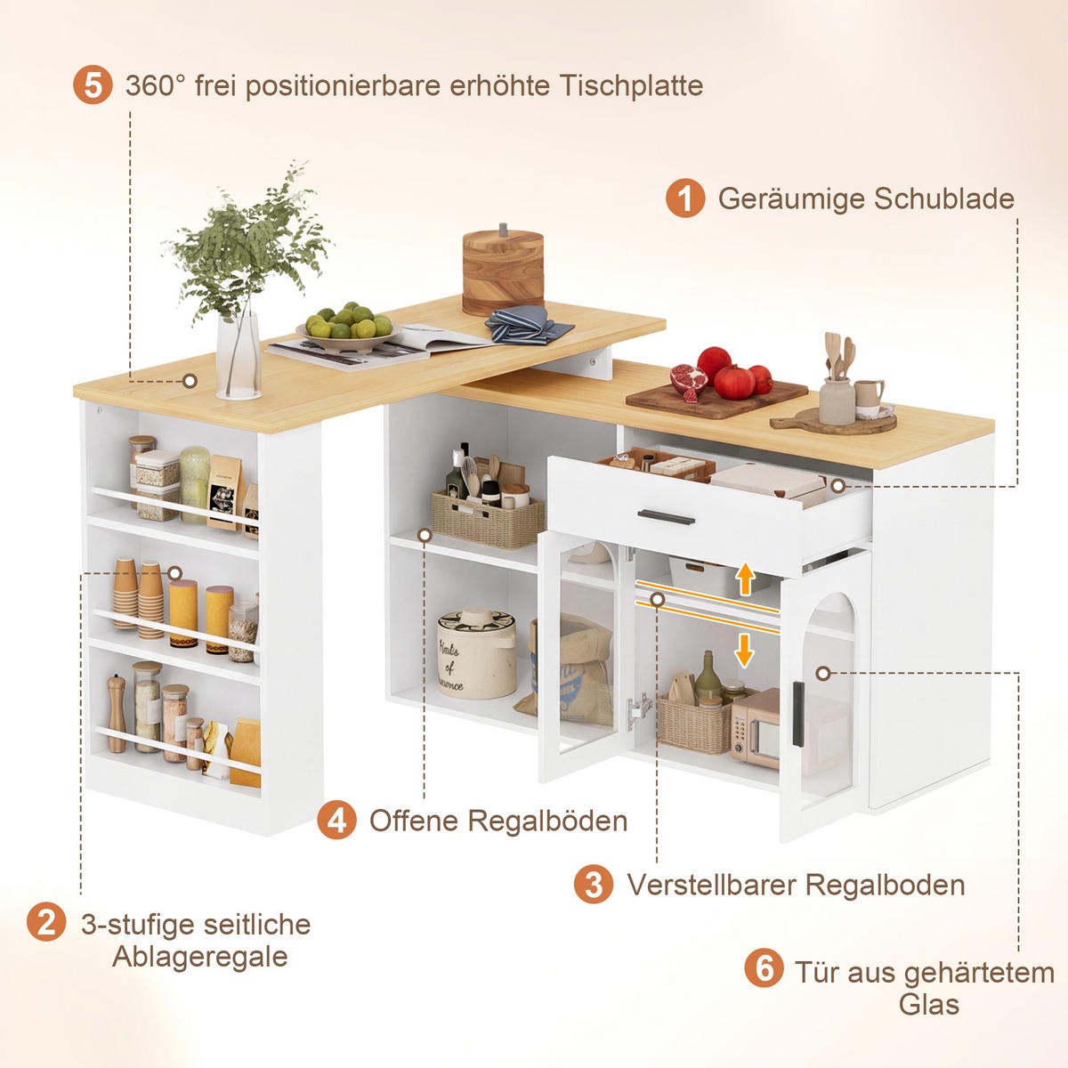 KÜCHENINSEL 136/50/78 cm Weiß mit 360° Drehtisch, 1 Schubladen und Stauraumschrank - Weiß, Holz (50/78/136cm) - Oxeza