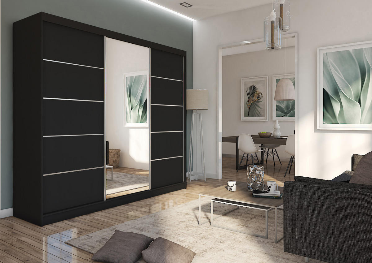 SCHWEBETÜRENSCHRANK MIRELLA 240/216/61 cm 3-türig mit Spiegel Schwarz - Schwarz, Holzwerkstoff (240/216/61cm) - MASSENO