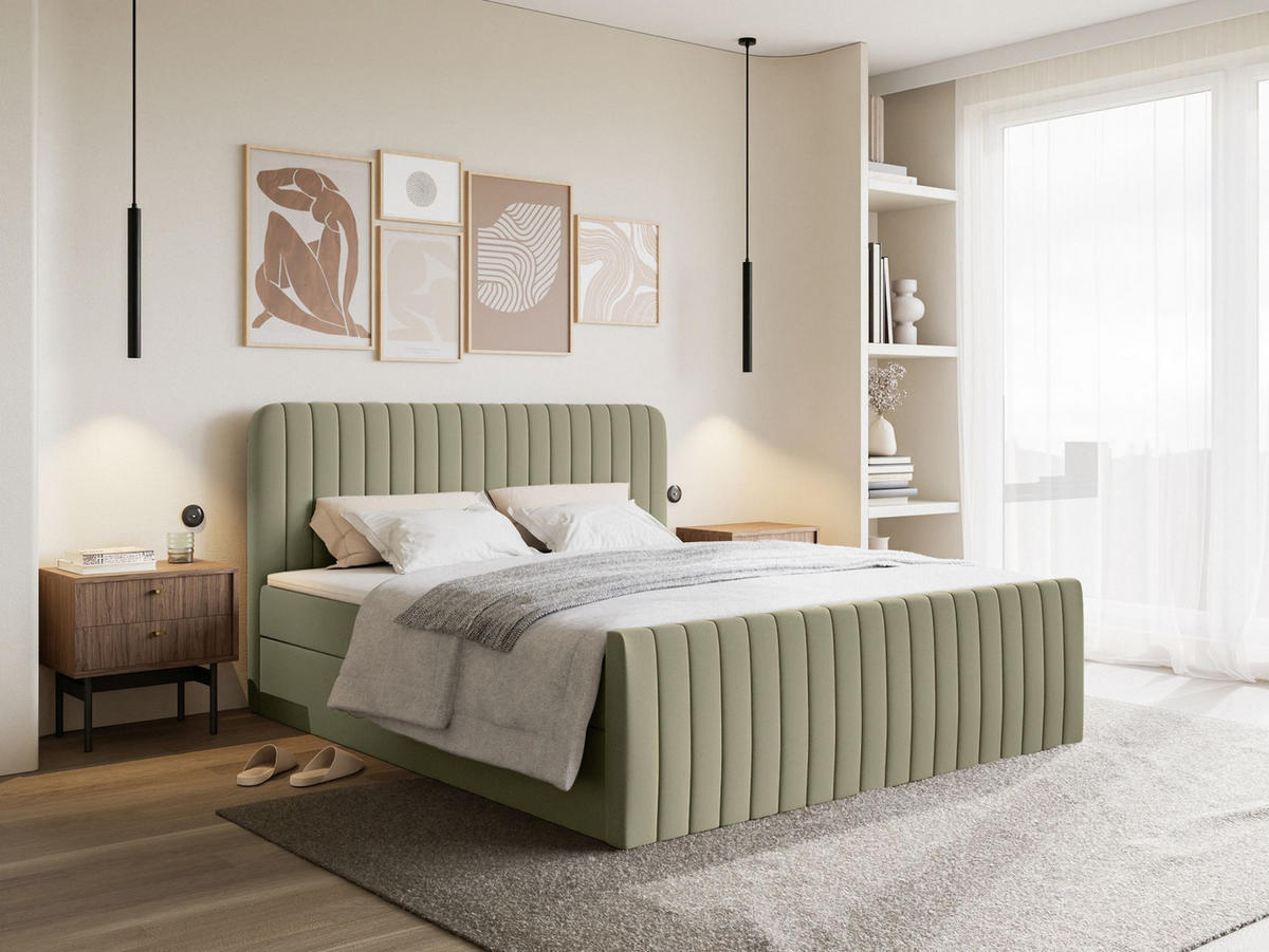 BOXBETT Saliano mit Topper und Chenille-Bezug Olivgrün, 140x200 cm - Olivgrün, Kunststoff/Textil (140/200cm) - Selsey