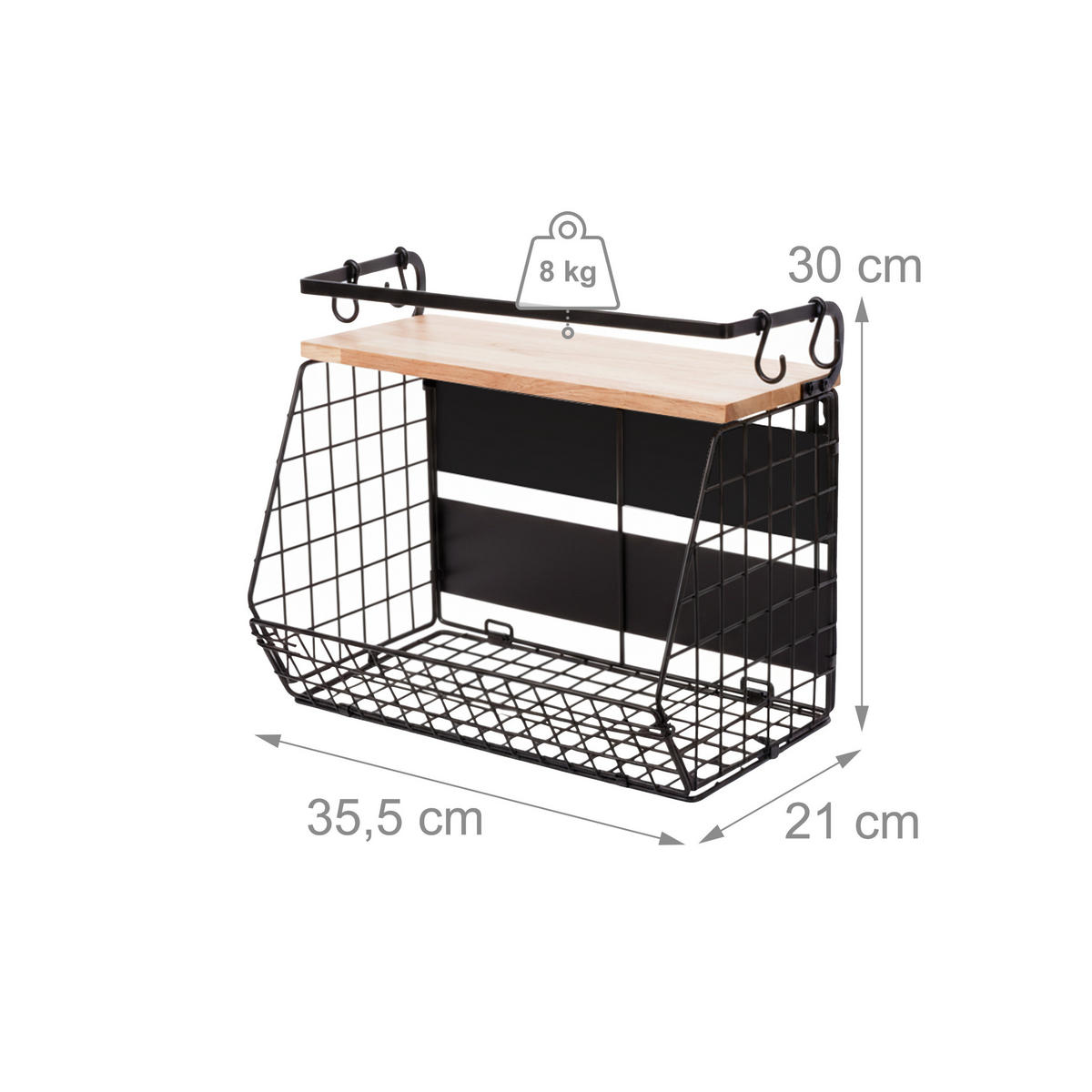 2XNÁSTENNÝ ovocný košík - čierna, kov/drevo (30cm) - Relaxdays