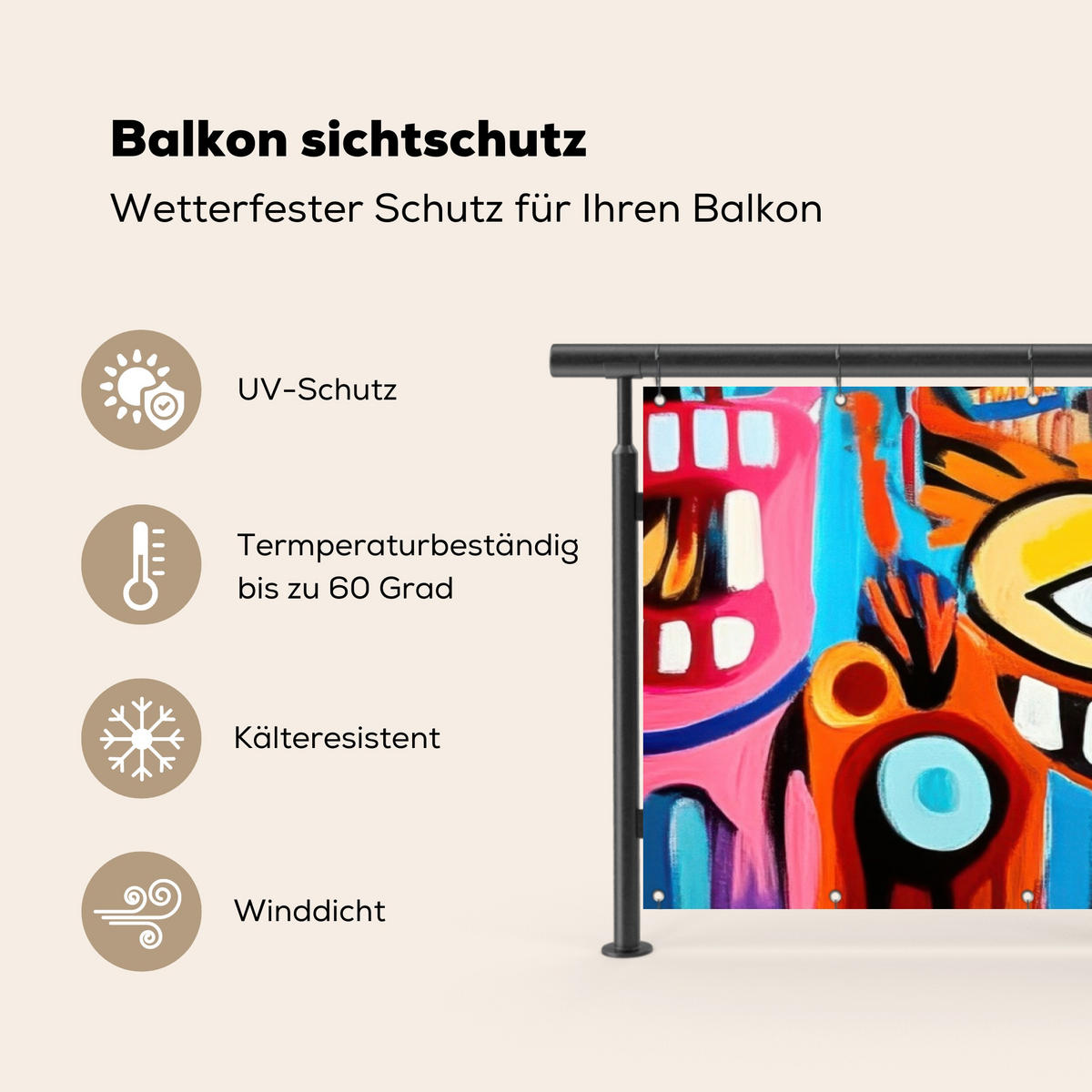 BALKON-SICHTSCHUTZ Abstrakt - Gesicht - Farbenfroh - Multicolor, Kunststoff (300/95cm) - MuchoWow