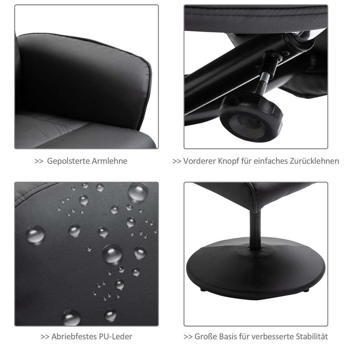 RELAXSESSEL Bonded Leather mit Massage 10 Punkte, Hocker 76/81/105 cm Schwarz - Schwarz, Kunststoff (81/105/76cm) - Redom