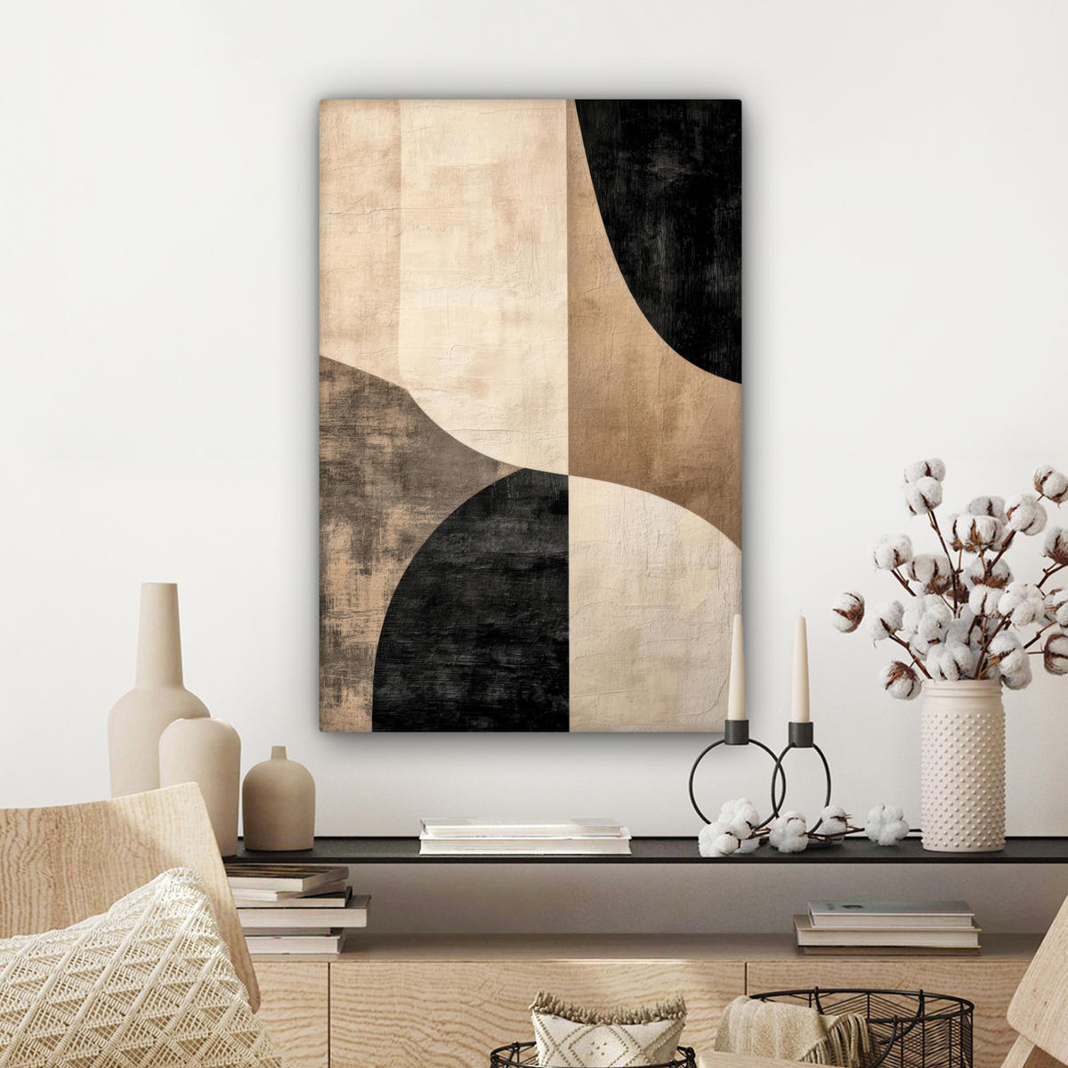 LEINWANDBILD Abstrakt - Flugzeuge - Schwarz - Rund Wanddeko Schlafzimmer 60x90 cm - Beige, Textil (60/90cm) - MuchoWow