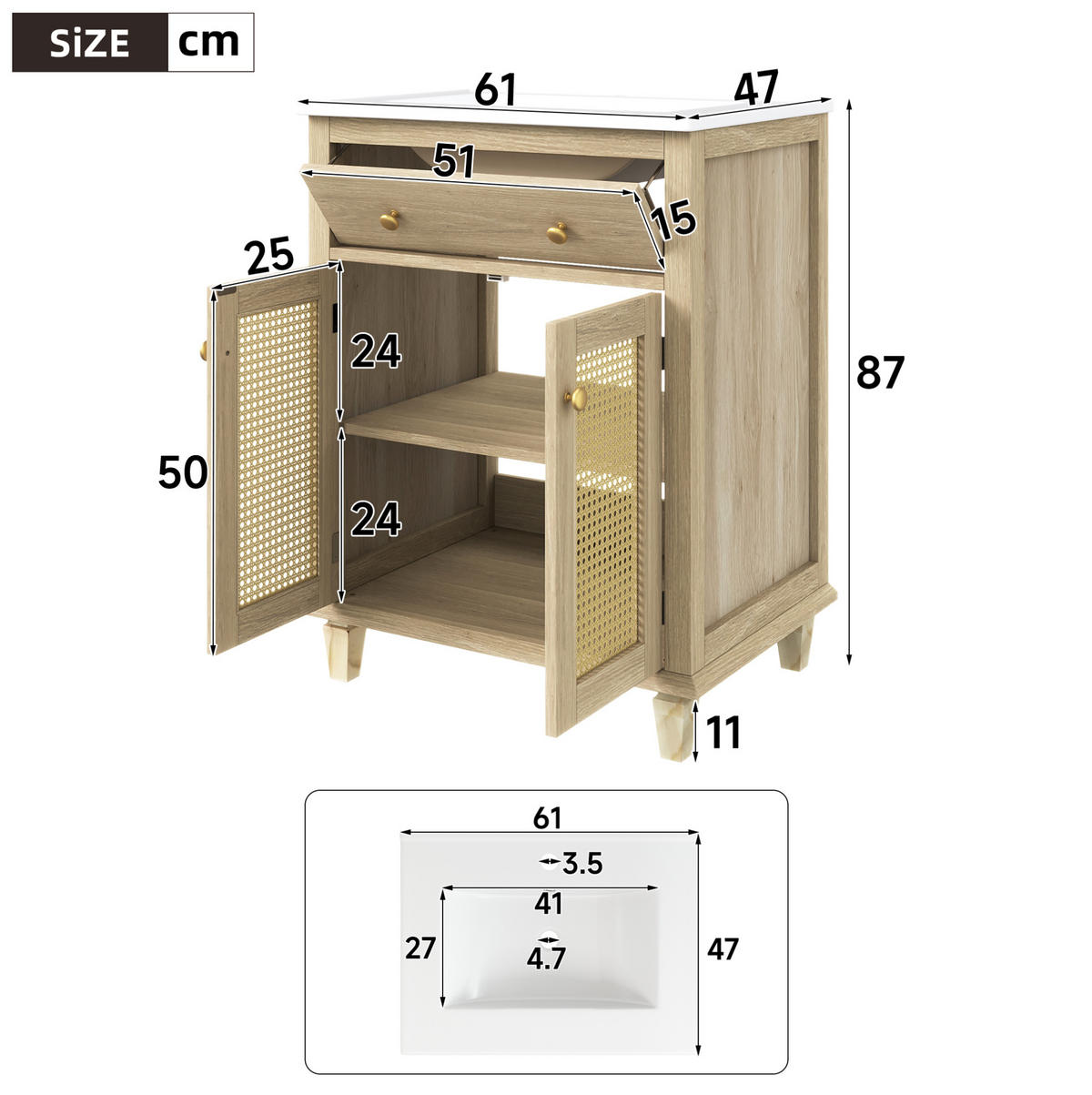 WASCHTISCHKOMMODE aus Keramik und MDF 61x47x87 cm Naturholzoptik mit Klappschublade und Rattan-Türen - Eichefarben, Keramik (61/87/47cm) - Modfu