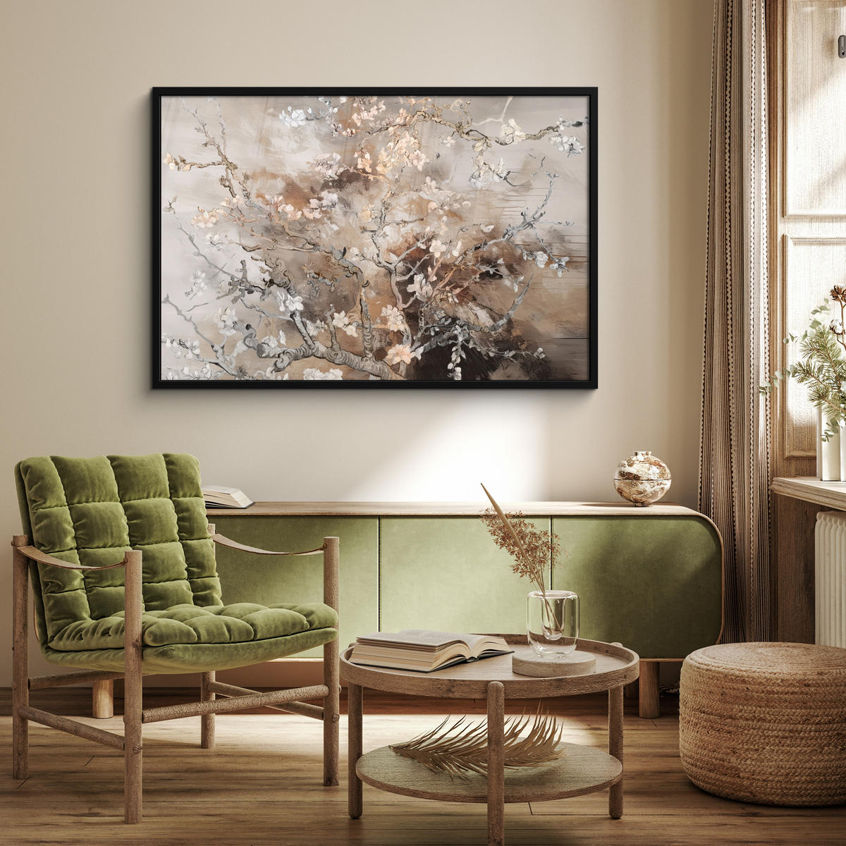POSTER MIT RAHMENGERAHMTES BILD Mandelblüte - Kunst - Van Gogh - Beige - Abstrakt 120x80 cm - Braun, Papier (120/80cm) - MuchoWow