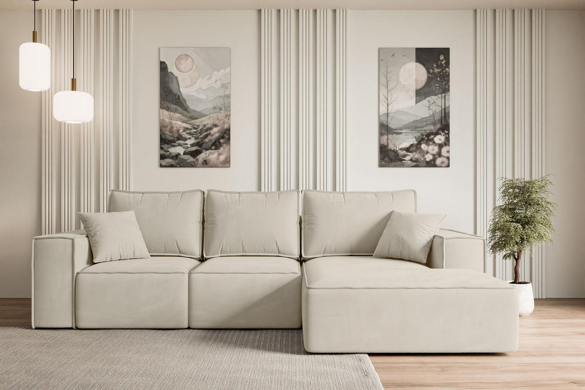 ECKSOFA mit Schlaffunktion und Bettkasten SERRA-L-S - 266x161x87 cm Beige Velours - Beige/Schwarz, Holzwerkstoff/Kunststoff (266/161cm) - ALTDECOR