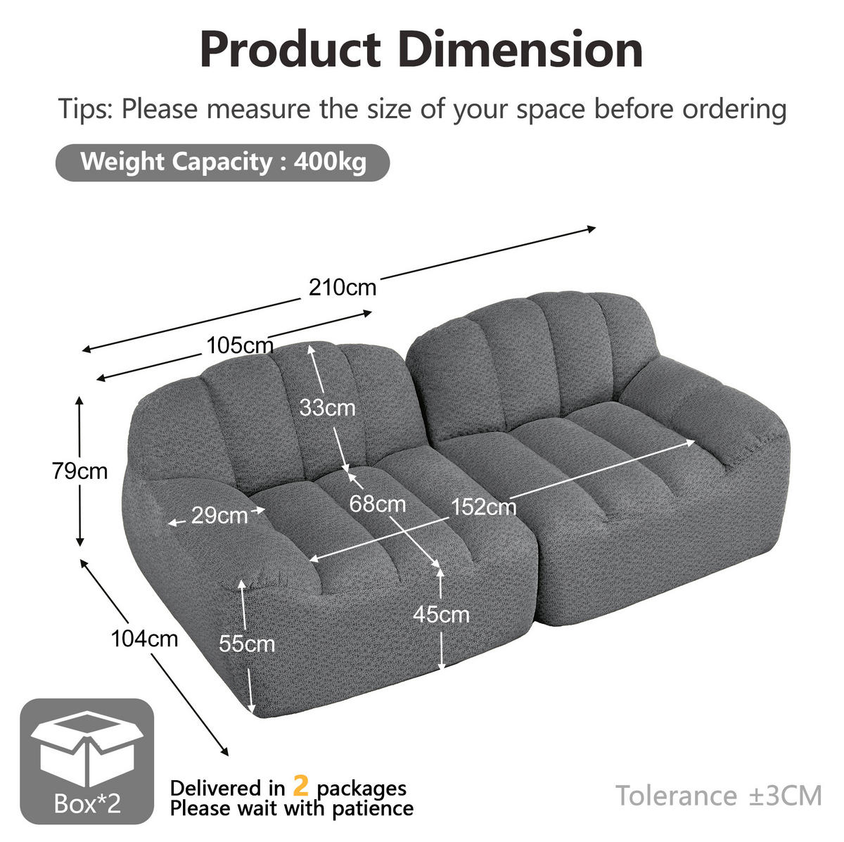 2-SITZER-SOFA aus granuliertem Fleece Grau ohne Montage mit ergonomischer Form und flexiblen Modulen - Grau, Textil (210/79/104cm) - Modfu