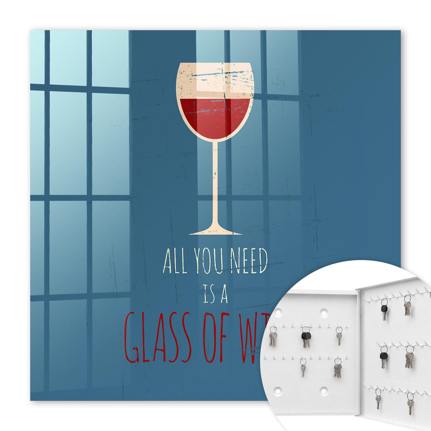 SCHLÜSSELBOX Weiß 30x30 cm – Türöffnung nach rechts - Ein Glas Wein - Blau, Metall (30/30/5cm) - TULUP
