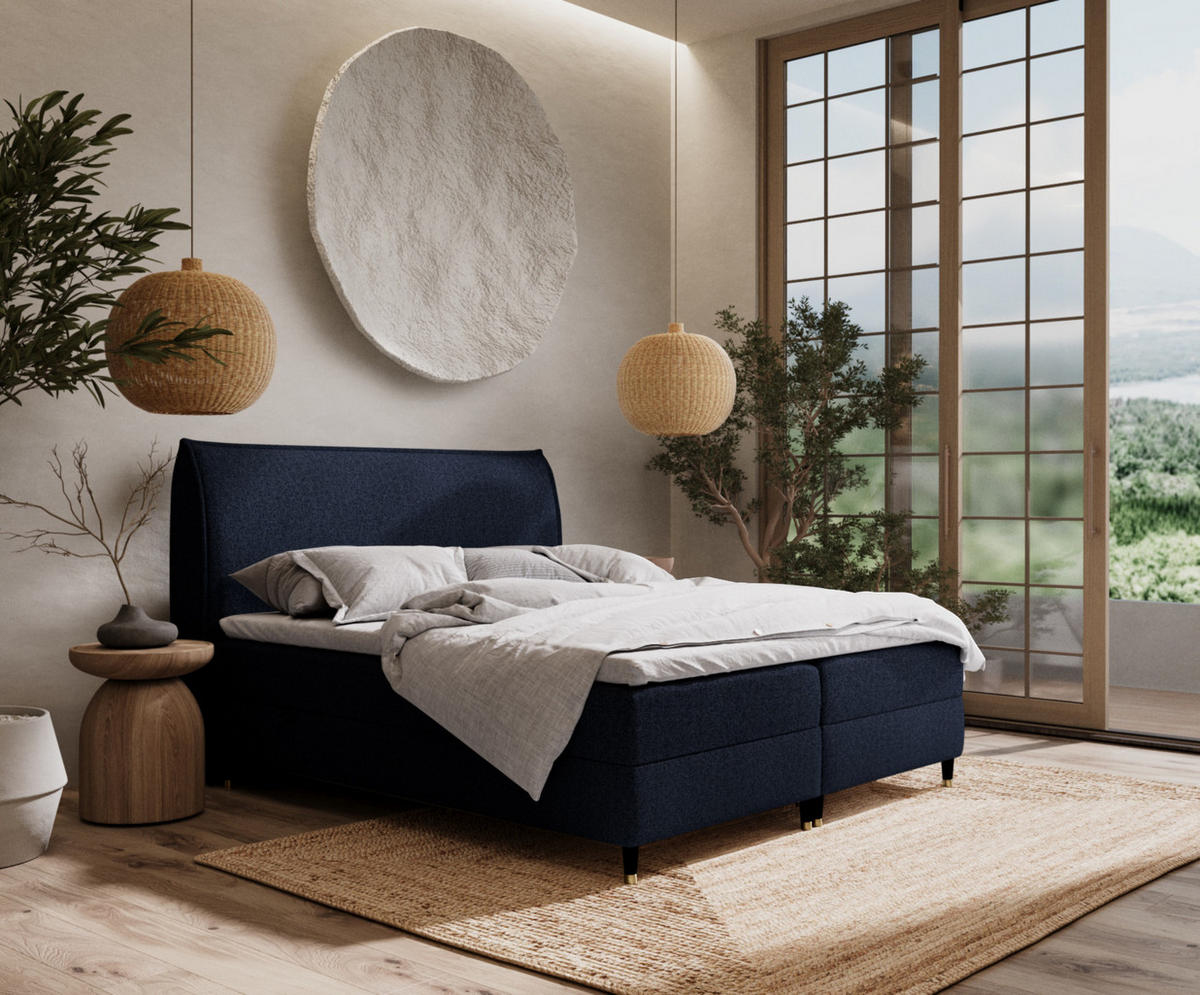 BOXBETT Melba Marineblau 160/200 cm mit Bonellmatratze - Schwarz/Dunkelblau, Holz/Holzwerkstoff (160/200cm) - Maison de Reve
