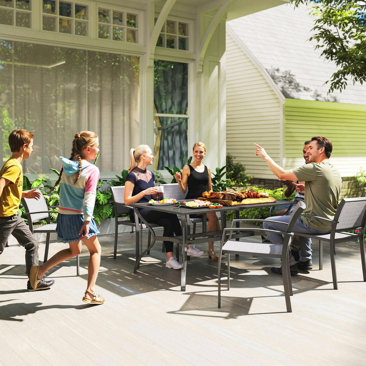 GARTENTISCH DE-07368 mit Schirmloch und Lamellen-Design für 6 Personen Schwarz - Schwarz, Metall (150/90/73cm) - ComfortXL