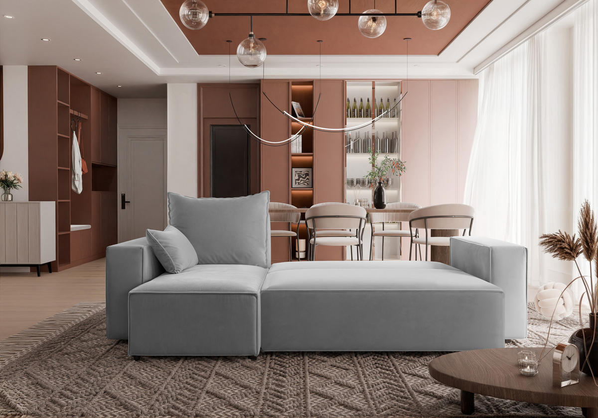 ECKSOFA Tobi mit Bettkasten und Schlaffunktion, L-Form, Velourstoff, Universal - Grau, Holzwerkstoff (246/145cm) - 4ALL HOME