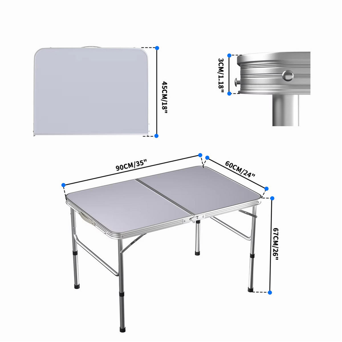 KLAPPTISCH Aluminium Faltbar Höhenverstellbar 90x60 cm - Silberfarben, Metall (90/60/67cm) - Coonoor