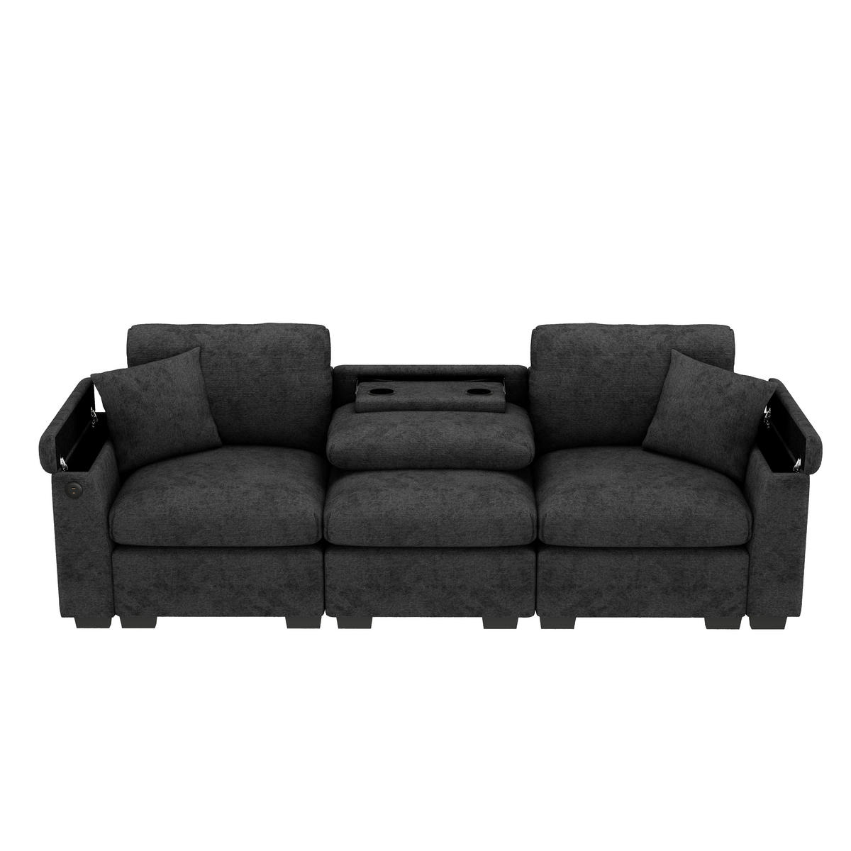 3-SITZER Sofa Chenille mit Klapptisch USB-Anschluss und Stauraum 242/80/88 cm Grau - Grau, Kunststoff/Textil (80/88/242cm) - Redom