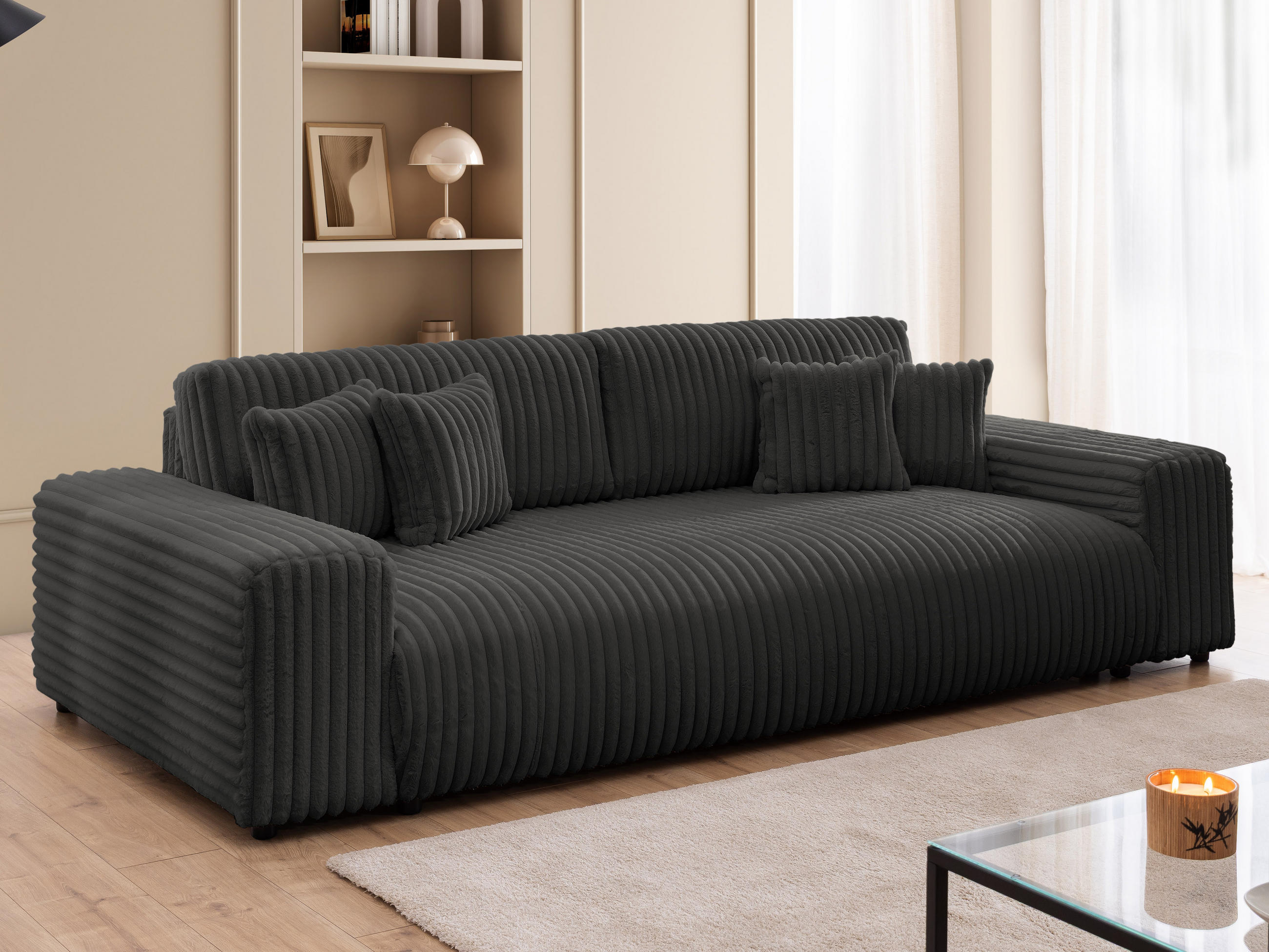 BIGSOFA Mollis Dunkelgrau Plüschcord mit Schlaffunktion - Dunkelgrau/Schwarz, Holz/Kunststoff (260/77/124cm) - S-Style Möbel