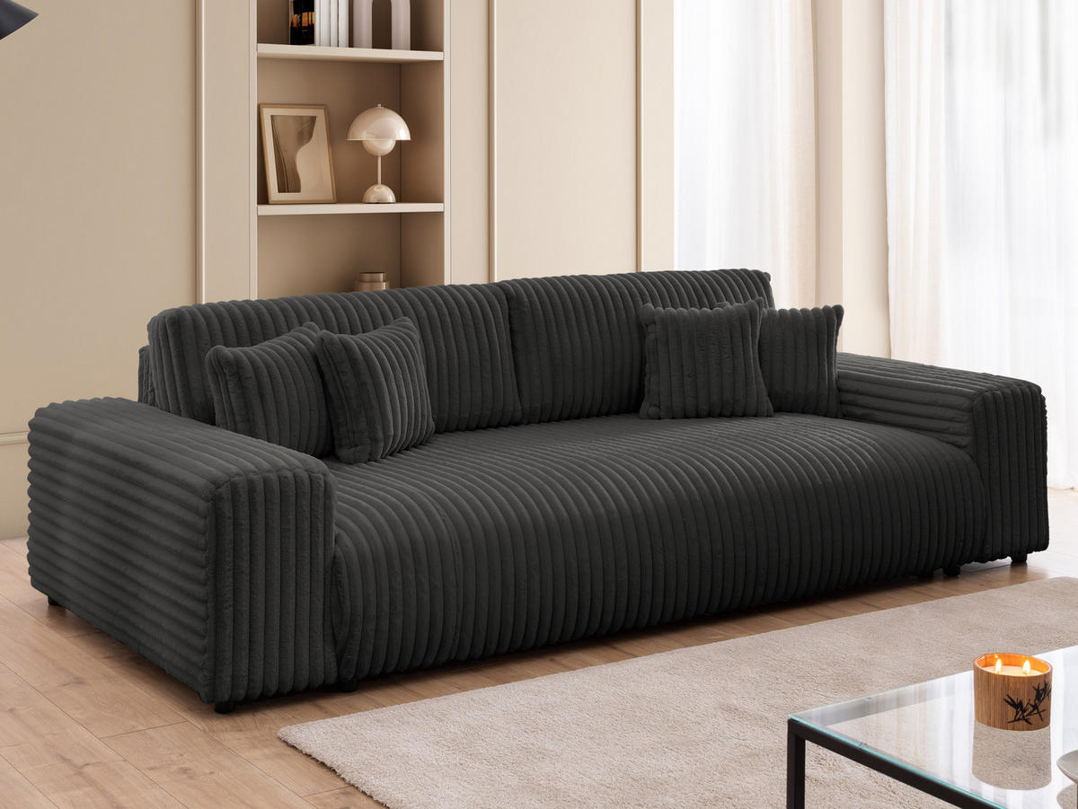 BIGSOFA Mollis Dunkelgrau Plüschcord mit Schlaffunktion - Dunkelgrau/Schwarz, Holz/Kunststoff (260/77/124cm) - S-Style Möbel