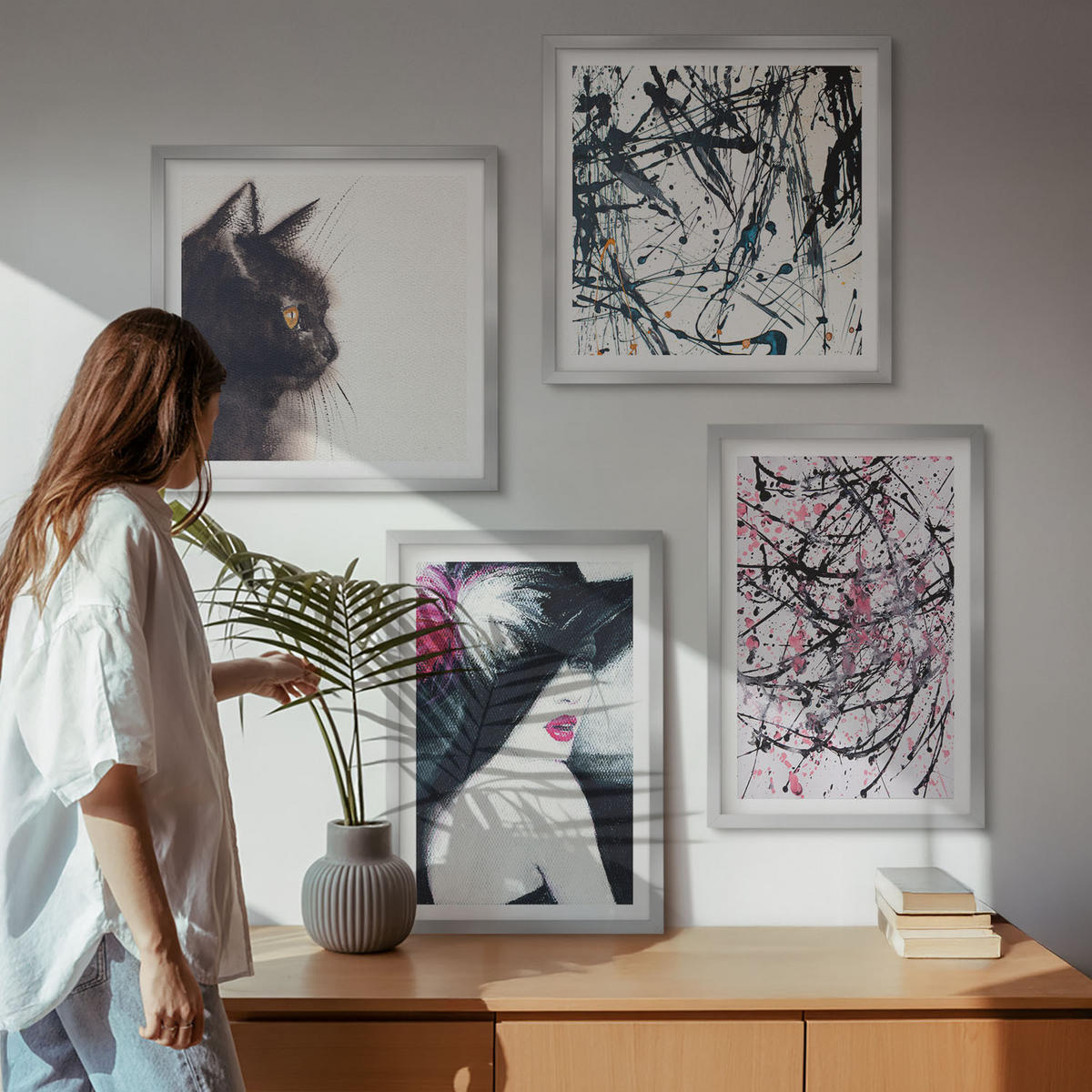 BILDER SET 4er Set - 50x50 cm & 40x60 cm Silberner Rahmen - Abstrakte Katzenmalereien - Silberfarben, Kunststoff (50/50cm) - TULUP