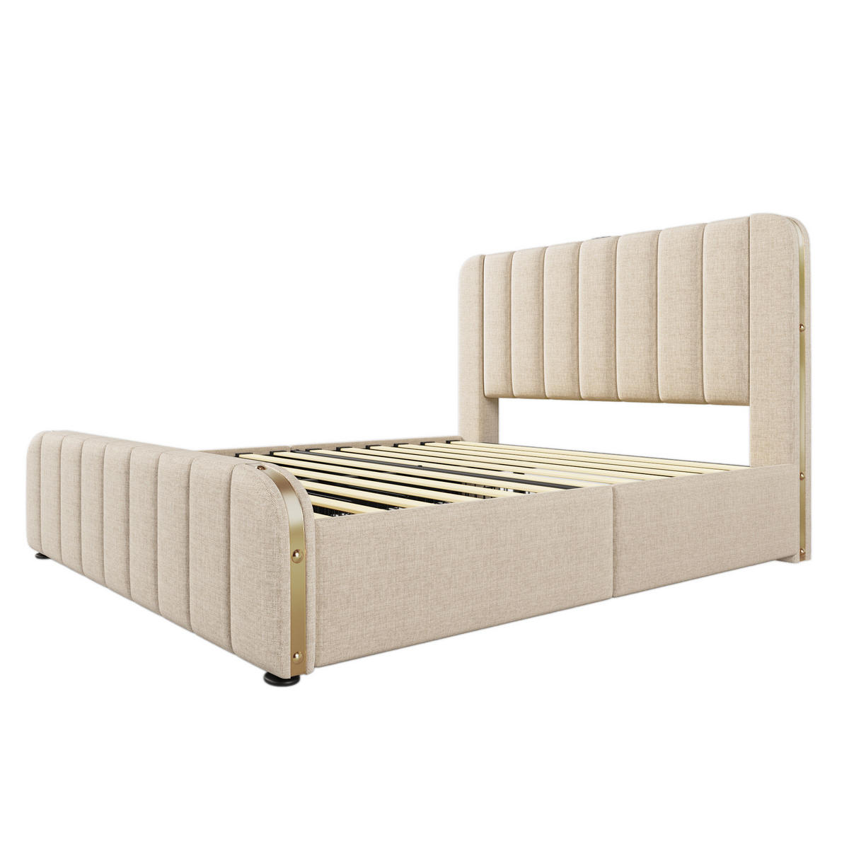 POLSTERBETT mit Leinenbezug 160x200 cm Beige mit 4 Schubladen, USB- und USB-C-Anschluss - Beige, Textil (160/200cm) - IVMEU