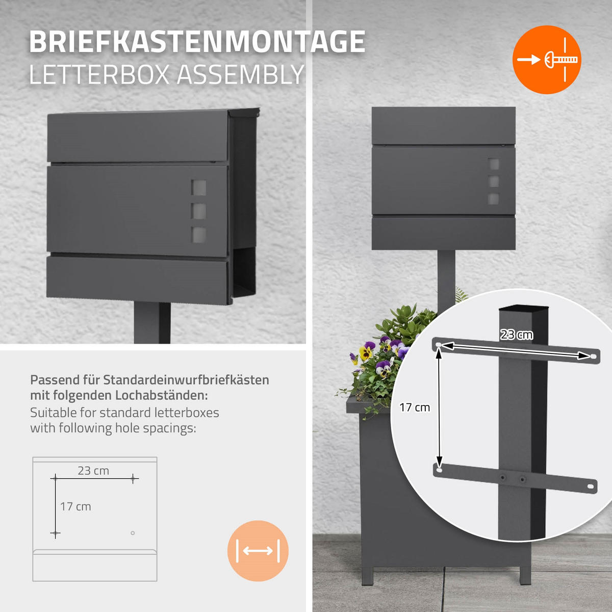 BRIEFKASTENSTÄNDER mit Pflanzkasten Anthrazit H:120 cm aus Stahl - Grau, Metall (120cm) - ML-DESIGN