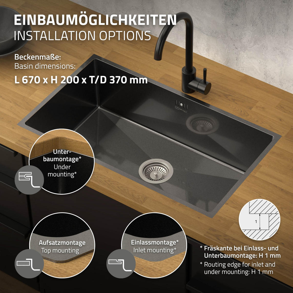SPÜLBECKEN Edelstahl 70/40cm Anthrazit - Anthrazit, Metall (40/20/70cm) - ML-DESIGN