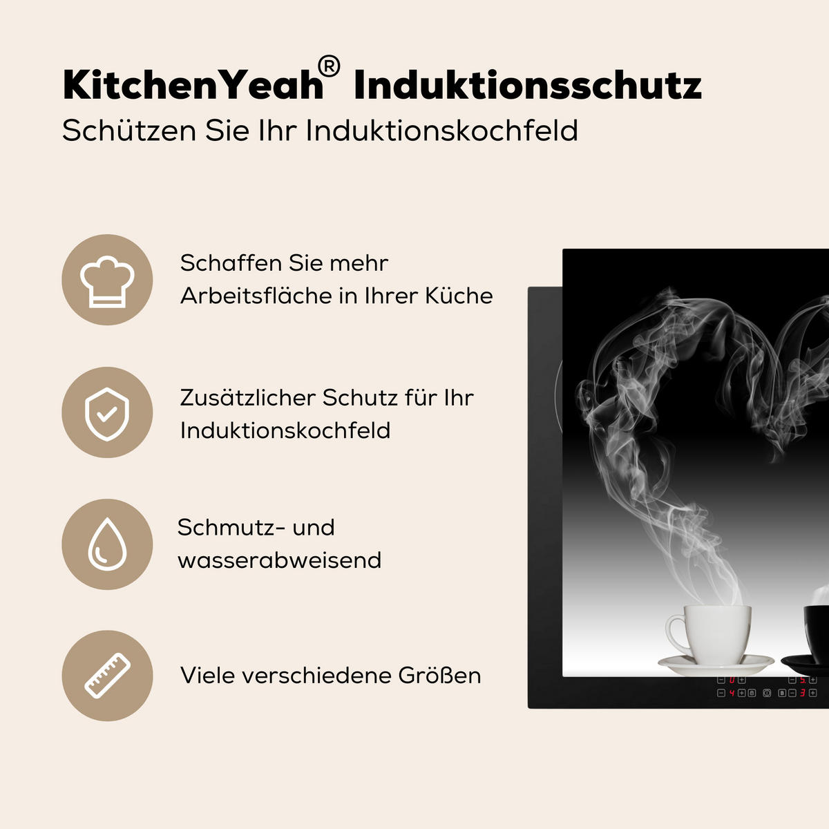 HERDABDECKPLATTE Kaffee - Herz - Schwarz und weiß - Tassen Induktionsmatte 78x78 cm - Weiß, Kunststoff (78/78/0.2cm) - MuchoWow