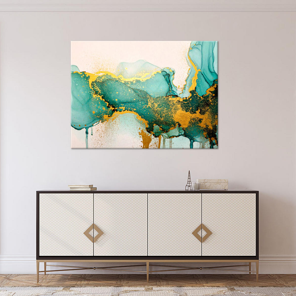 WANDBILD, Abstraktion aus türkisfarbenem und goldenem Marmor - Grün, Textil (120/80cm) - Feeby