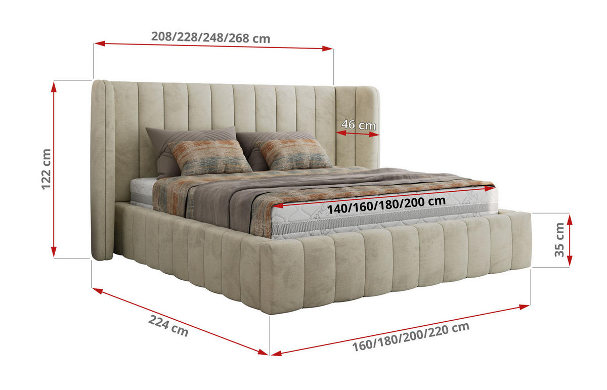 POLSTERBETT GOLETTA CLASSIC 140/200 - Beige Velvet - ohne Matratze - Beige, Textil (140/200cm) - MKS