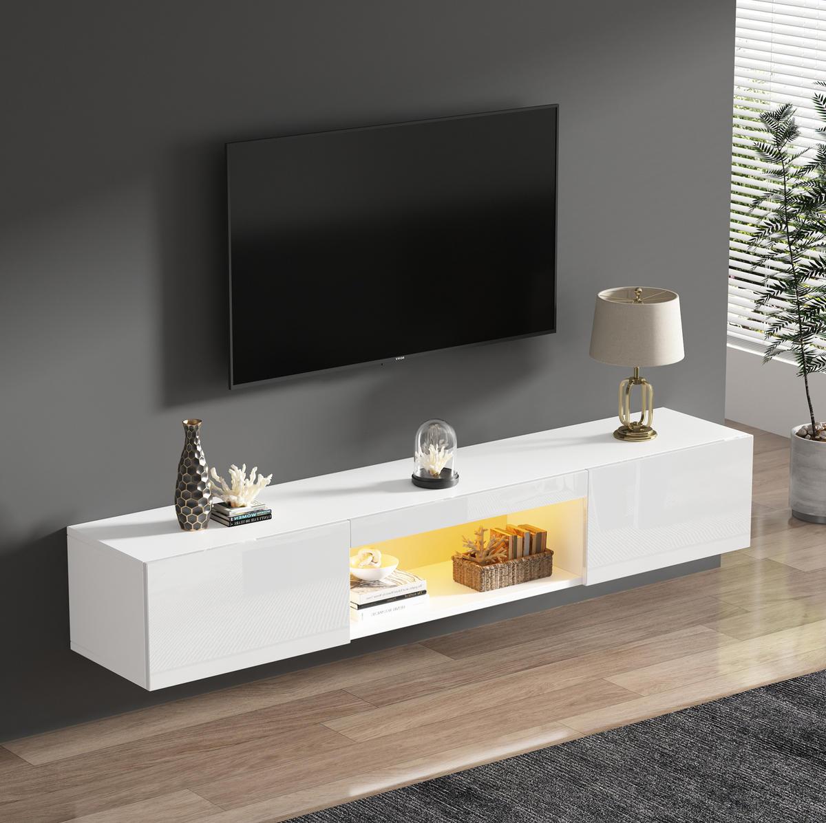 TV-ELEMENT hängend 160 x 31 x 22 cm Hochglanz Weiß mit LED - Weiß, Holzwerkstoff (31/22/160cm) - Beauniv