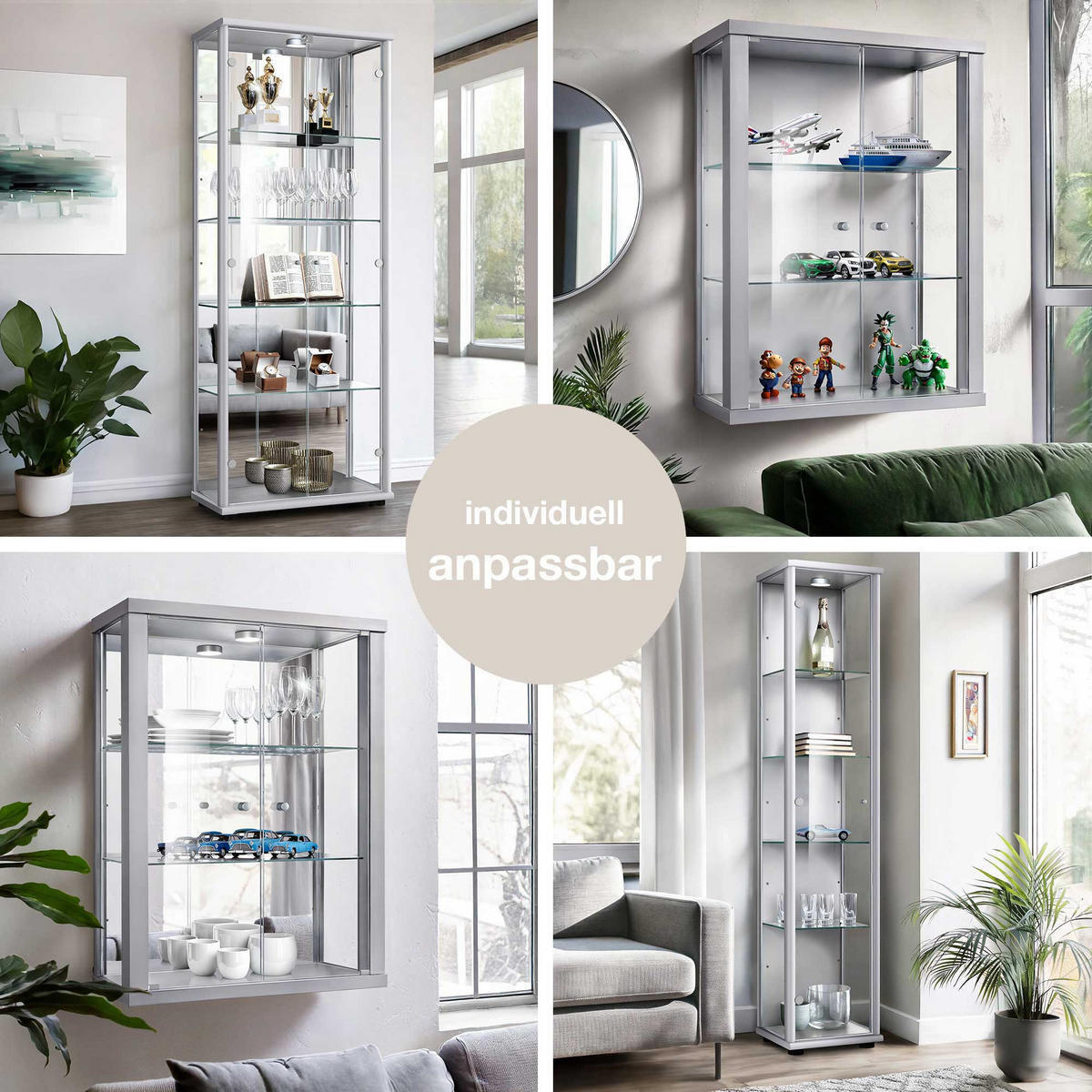 GLASVITRINE 33/67/176 cm mit Spiegel, LED, Schloss & 4 höhenverstellbaren Glasböden - Transparent/Silberfarben, Glas/Holzwerkstoff (67/176/33cm) - K-Möbel
