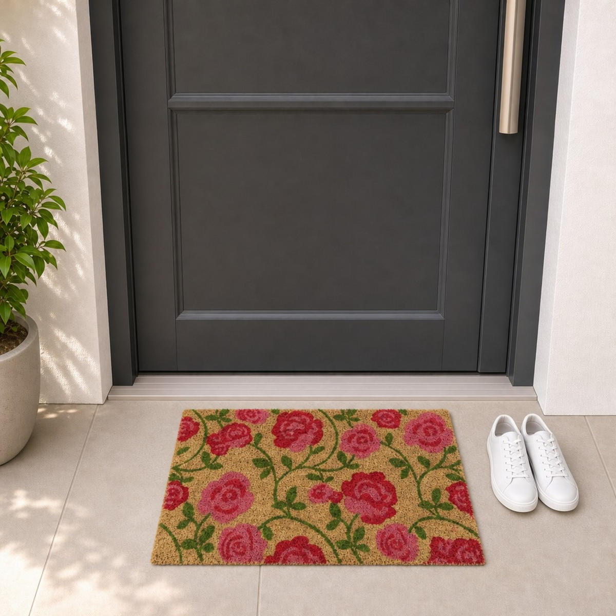 FUSSMATTE Natur Kokos Rosenmotiv rutschfest 60x40 cm - Multicolor, Kunststoff/Textil (60/40cm) - Relaxdays