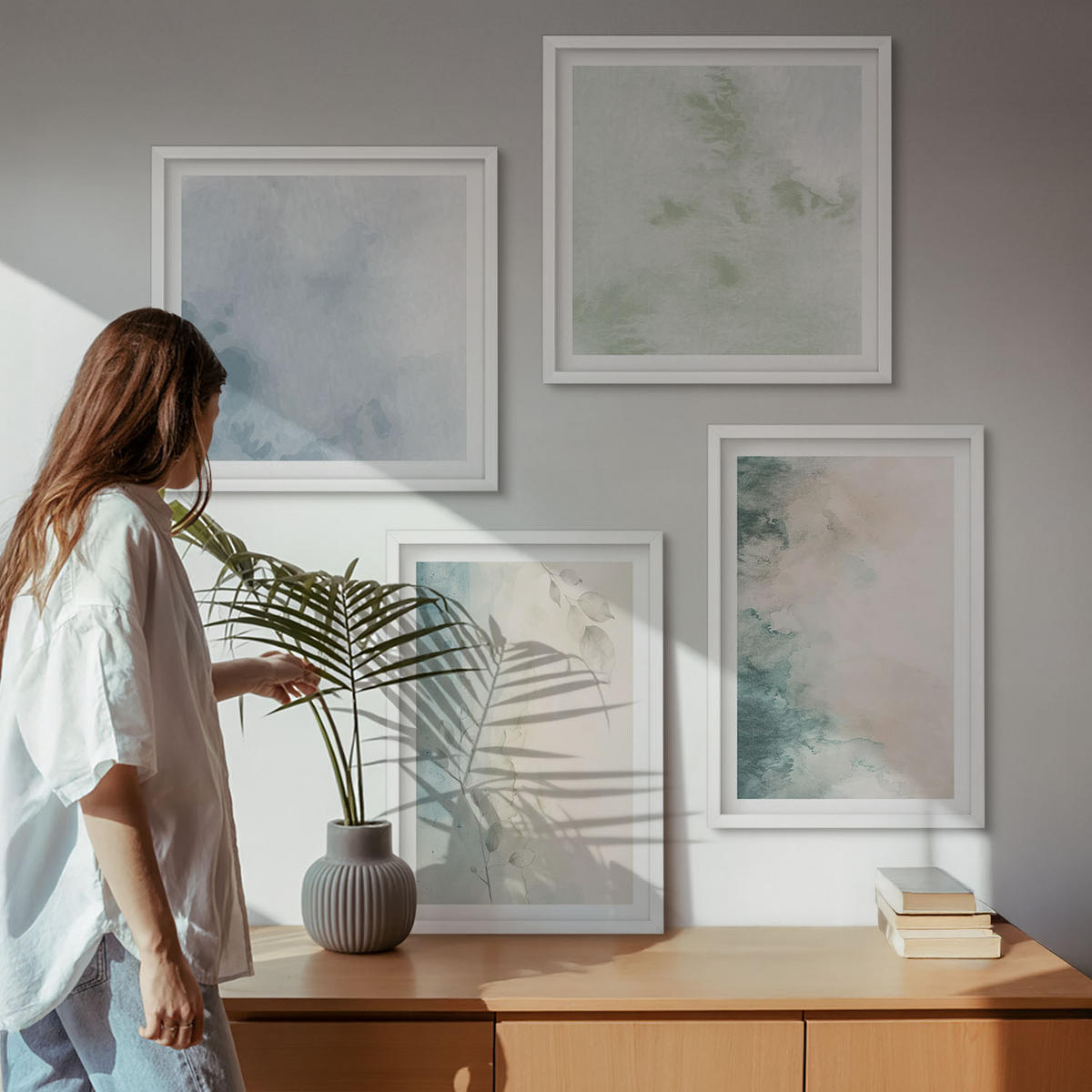 WANDBILDER 4er-Set - 50x50 cm & 40x60 cm Weißer Rahmen - Aquarell-Leinwandstil - Weiß, Kunststoff (50/50cm) - ArtPrintCave