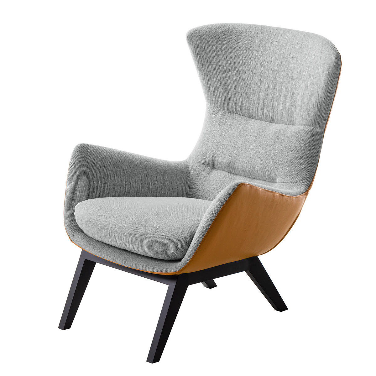 SESSEL mit Holzfüßen - Cognac/Hellgrau, Leder/Birkenholz (84/99/96cm) - home24