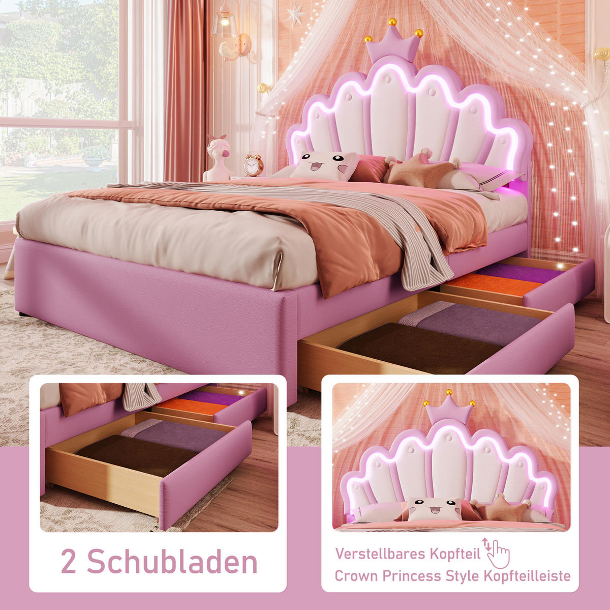 POLSTERBETT aus PU und MDF 140x200 cm Rosa mit verstellbarem Kopfteil, LED-Beleuchtung und 2 Schubladen - Rosa, Kunststoff (140/200cm) - Modfu