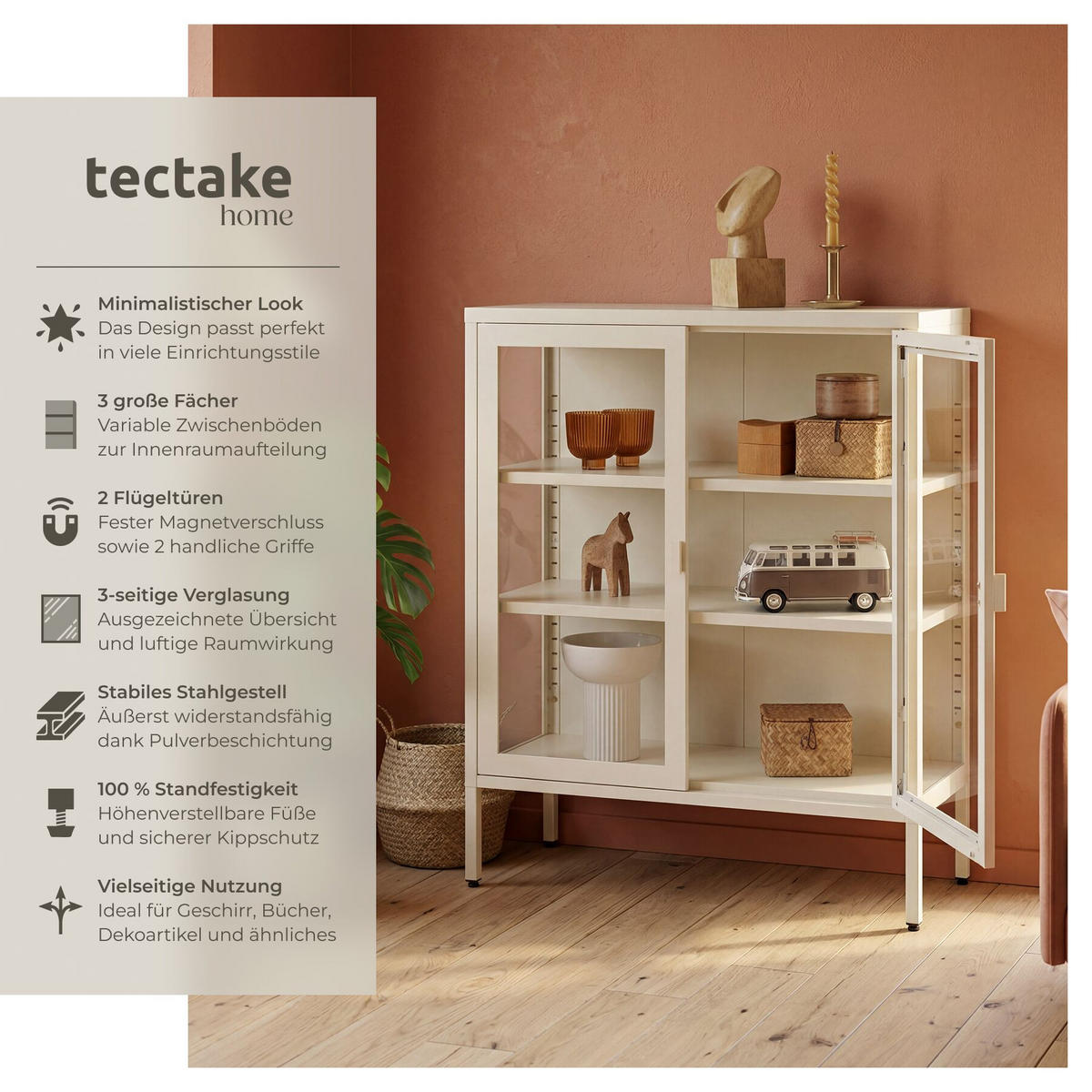 METALLVITRINE Baker, Kippschutz, höhenverstellbare Füße, creme - Creme, Metall (80/90.5/37cm) - tectake