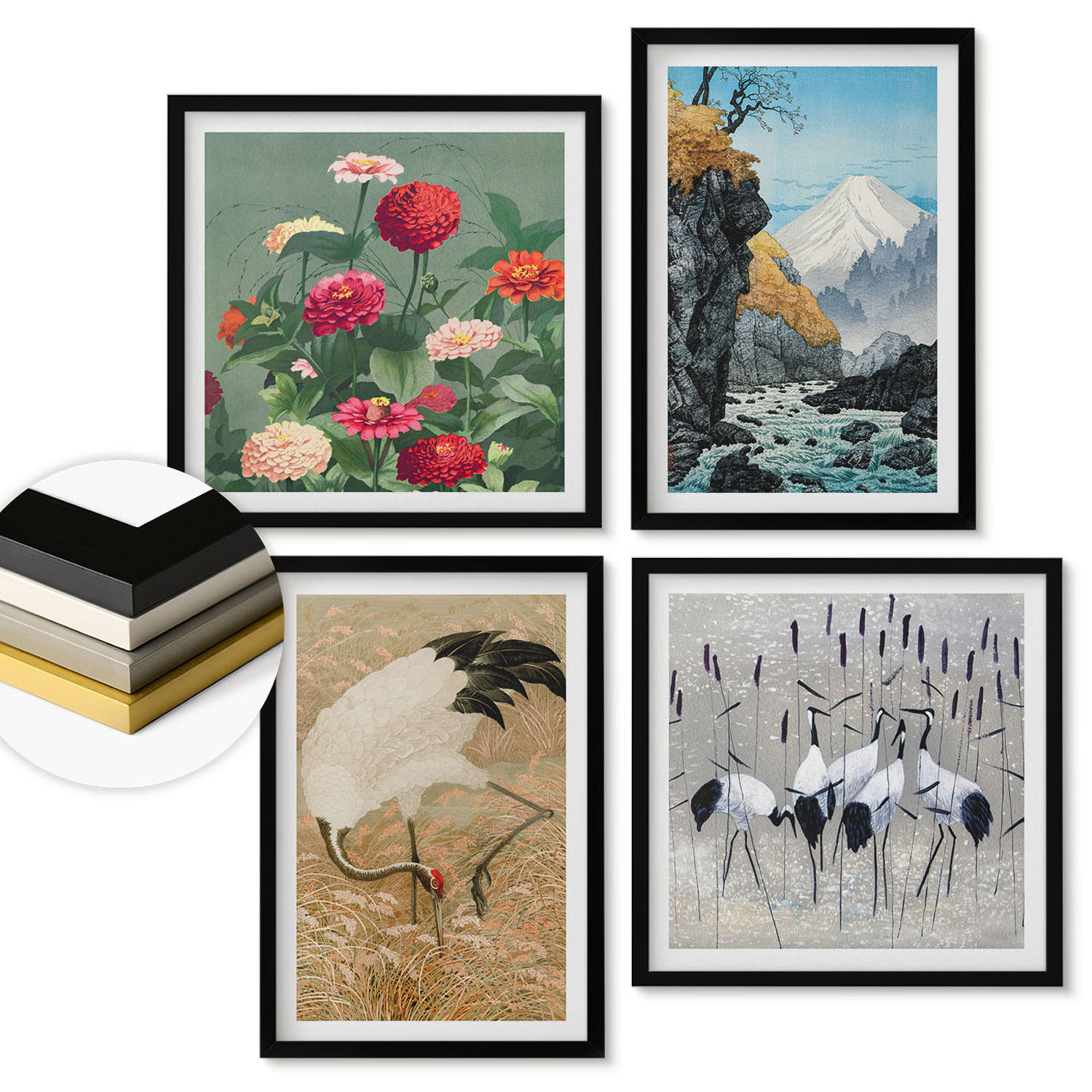 WANDBILDER 4er-Set - 50x50 cm & 40x60 cm Schwarzer Rahmen - Berge, Fluss, Blumen, Kraniche - Schwarz, Kunststoff (50/50cm) - ArtPrintCave