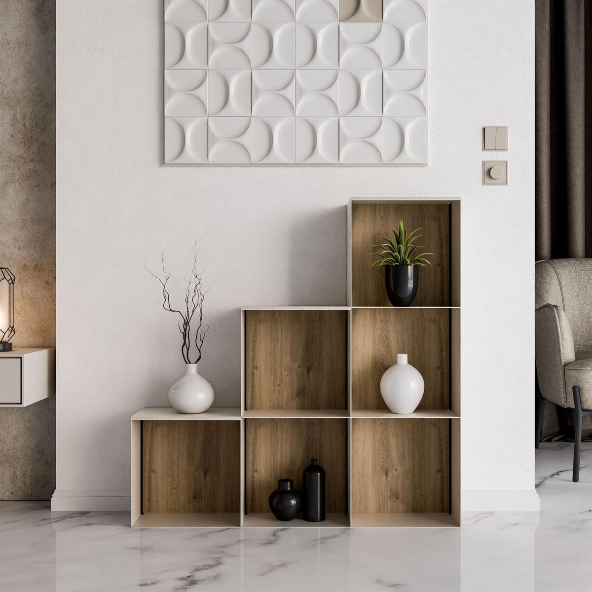 METALLREGAL QUADRO V mit LED-Beleuchtung - Kaschmir/Eiche Artisan, Holzwerkstoff (99/99/20cm) - Lookway