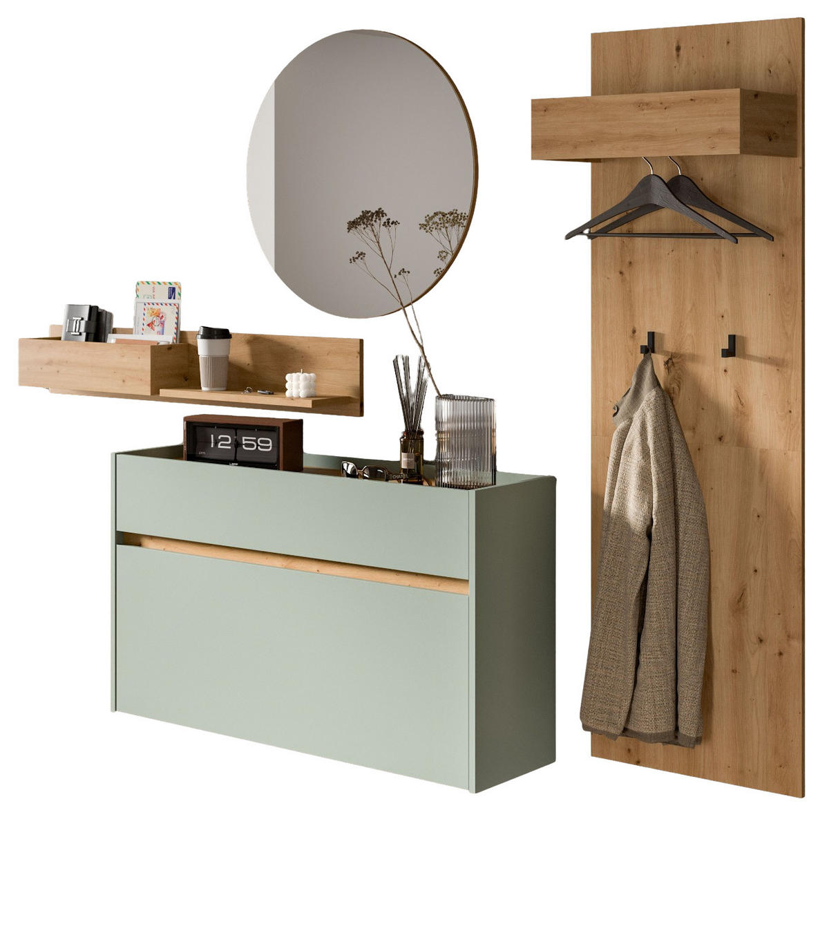 GARDEROBEN-SET Salbei grün, Eiche Artisan 205 cm 4-teilig, Garderobenschränke hängend - Salbeigrün/Eiche Artisan, Glas/Holzwerkstoff (205/197/32cm) - Inn.Furn