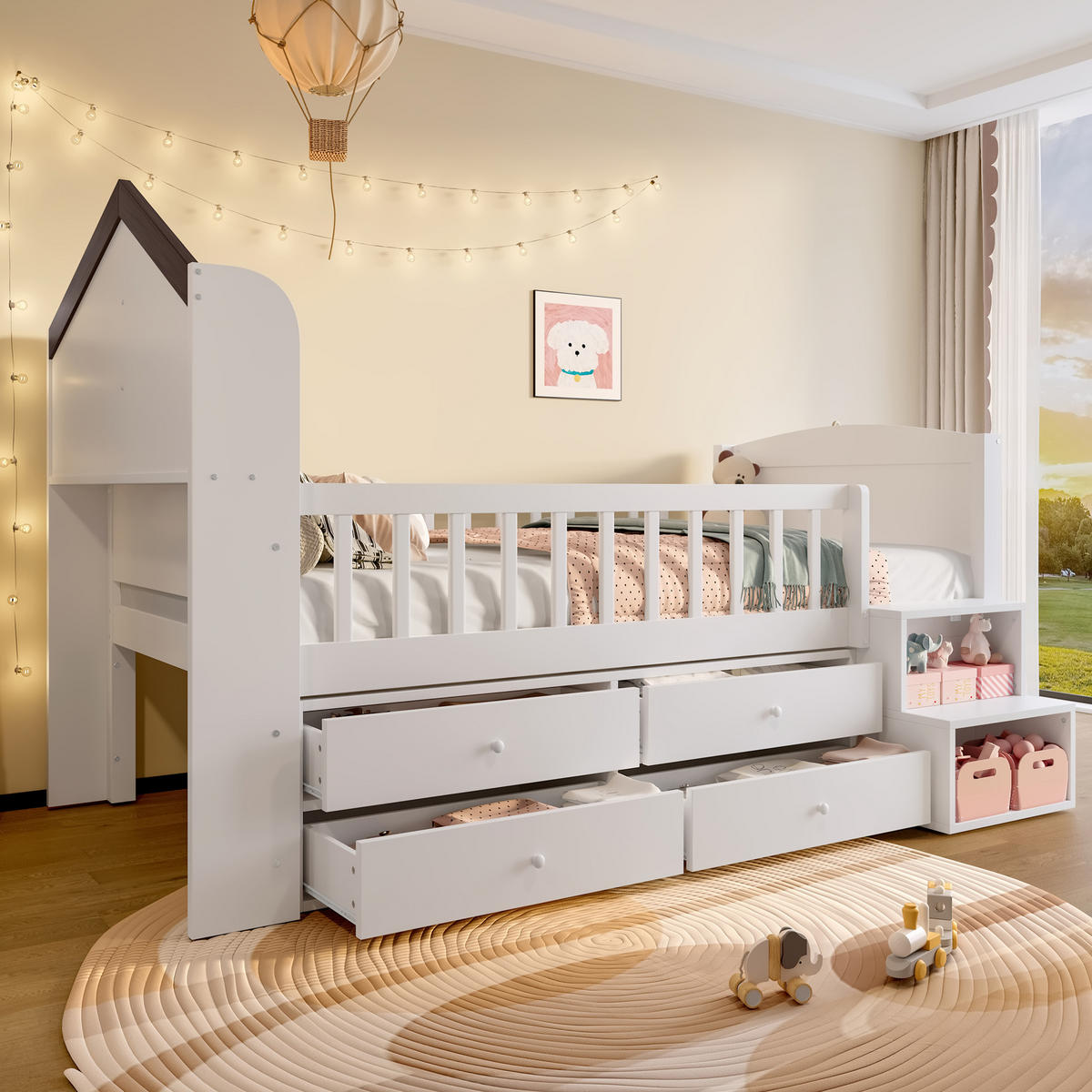 HALBHOHES Kinderbett 90/200 cm mit LED-Beleuchtung, 4 Schubladen, Regal-Leiter und Hausdesign aus Kiefernholz, Weiß - Weiß, Holz (90/200cm) - Redom