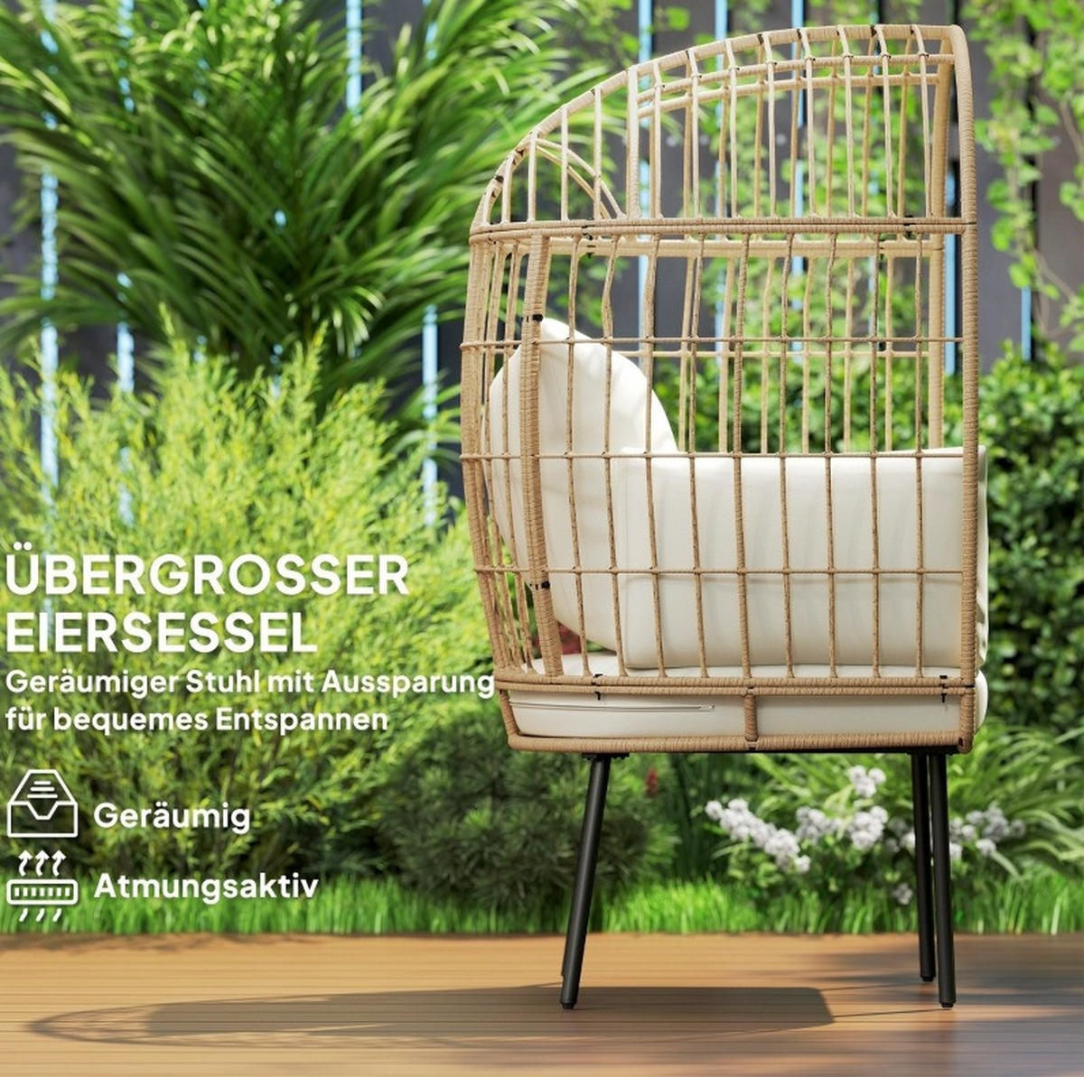 GARTENSTUHL aus Rattan 95x80x155 cm in Beige mit abnehmbaren Kissen - Beige, Metall (95/155/80cm) - Modfu