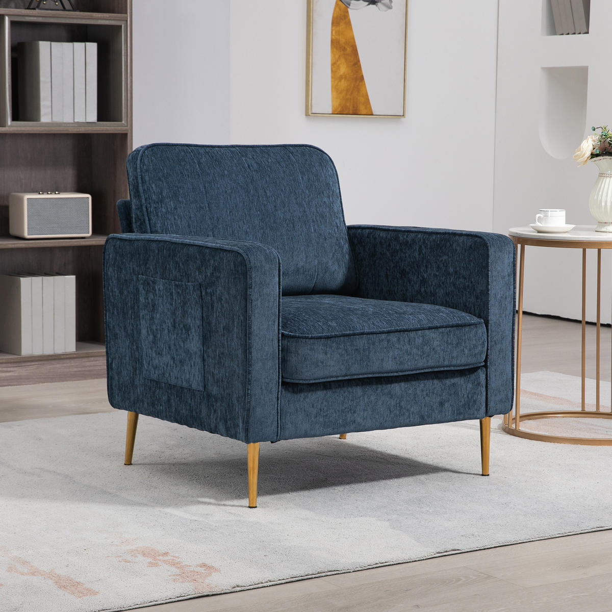 SESSEL DE-13399 mit goldenen Stahlfüßen & Seitentaschen Blau - Blau, Textil (84/87/81cm) - ComfortXL