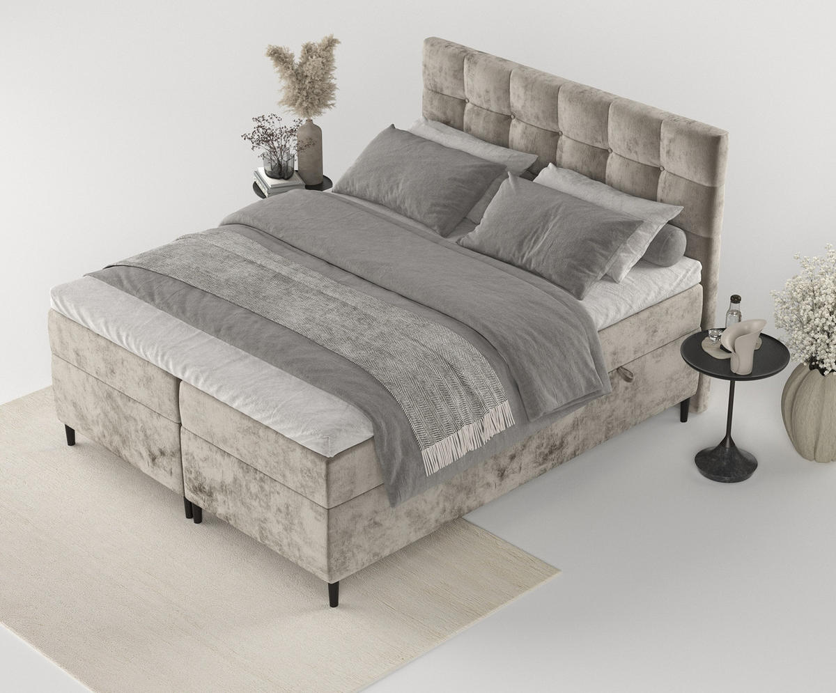 BOXBETT Urbaneo Beige 180/200 cm mit Taschenmatratze und Topper - Beige/Schwarz, Holz/Holzwerkstoff (180/200cm) - Maison de Reve
