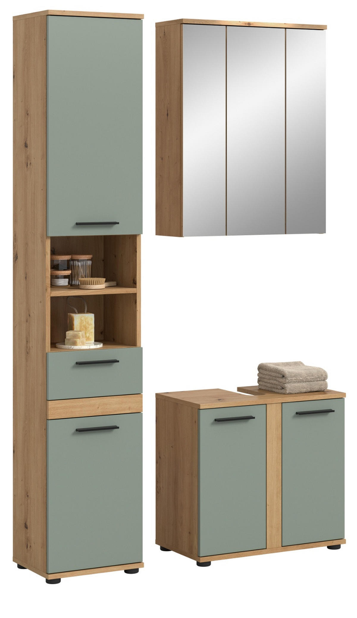 BADMÖBEL-SET Salbei grün, Eiche Artisan 112 cm 3-teilig, Badkombination in modernem Design - Salbeigrün/Schwarz, Glas/Holzwerkstoff (112/191/34cm) - Inn.Furn